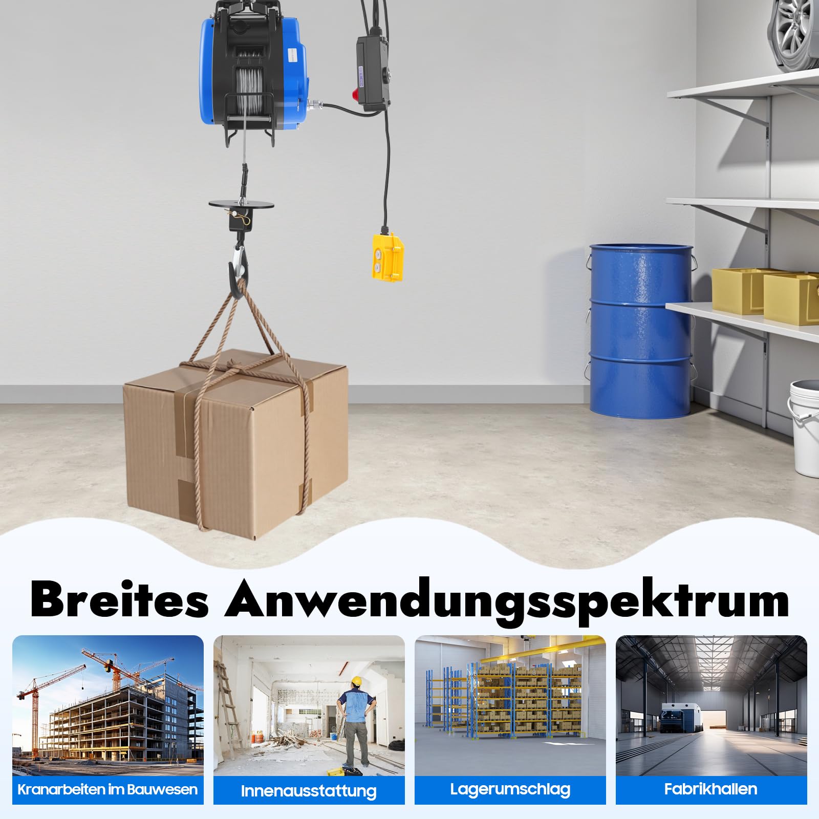 Elektrische Seilwinde 1500W 30 m, Elektrohebezeug bis 250 kg Tragkraft, Tragbare Winde mit Stahlseil und fernbedienung für Werkstatt, Garage und Baustelle