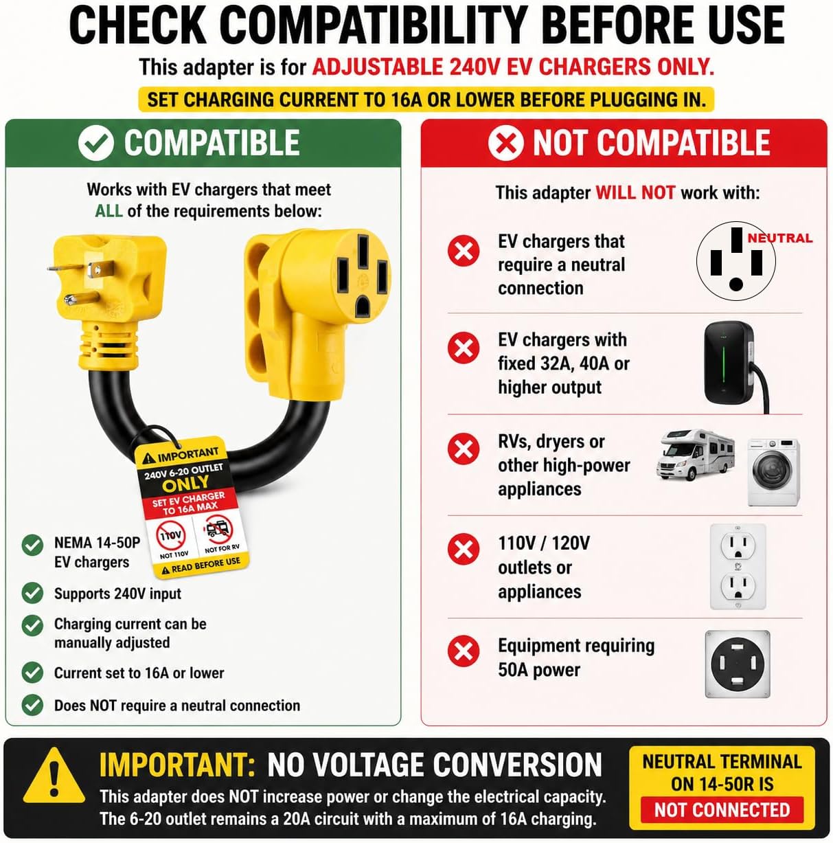 NEMA 6-20P to 14-50R EV Adapter, 240V 16A Max, Not RV | EV Charging Only, Manual 16A Limit Required, Not for 110V Outlets, RVs, Dryers, ETL Listed