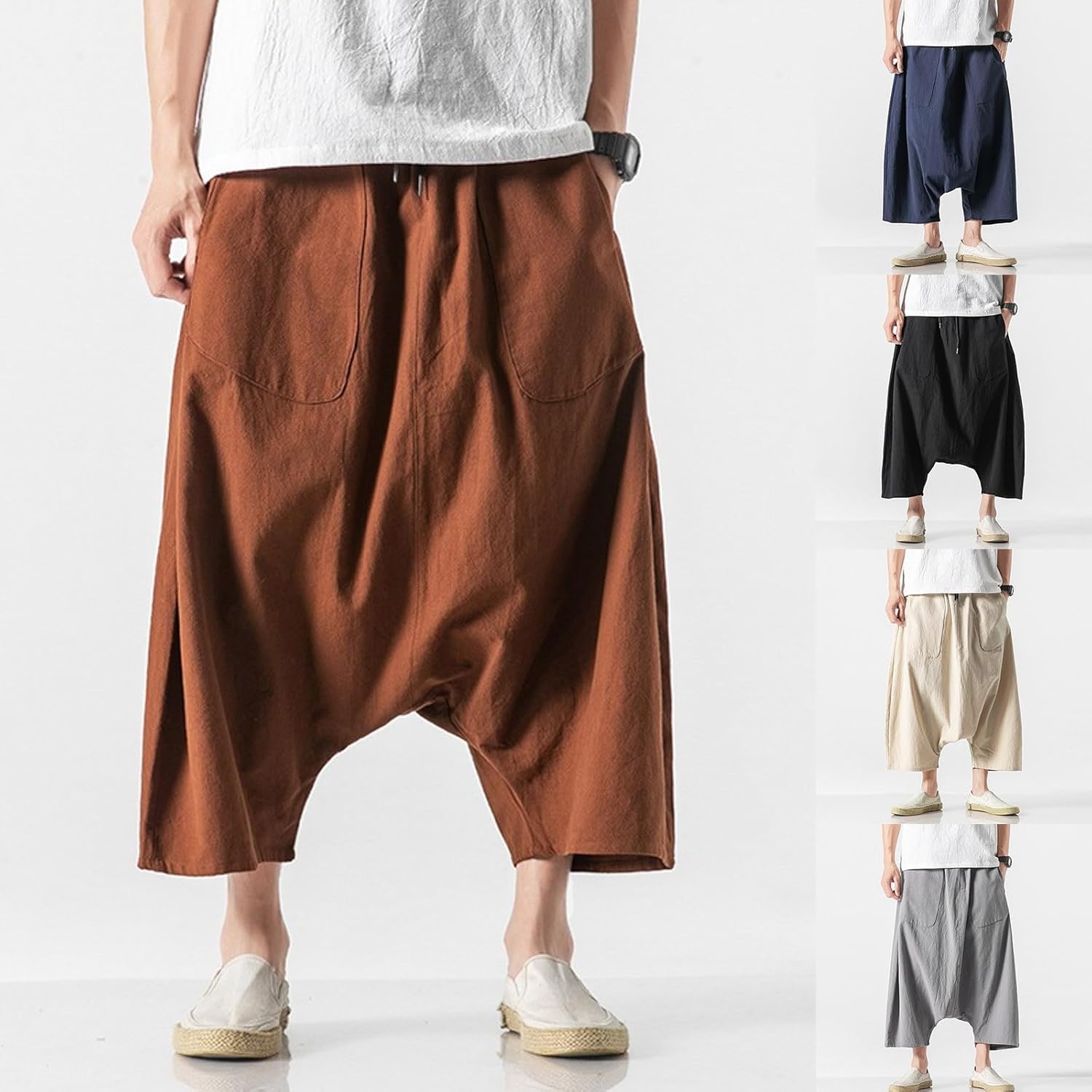 WAZHAKU Pantaloni Da Uomo Harem, Pantaloni In Lino, Comodi E Elasticizzati, In Tinta Unita, Casual, Spiaggia, Yoga, Hippies, Pantaloni Da Jogging Da Uomo, Pantaloni Giapponesi, Pantaloni Sportivi Da