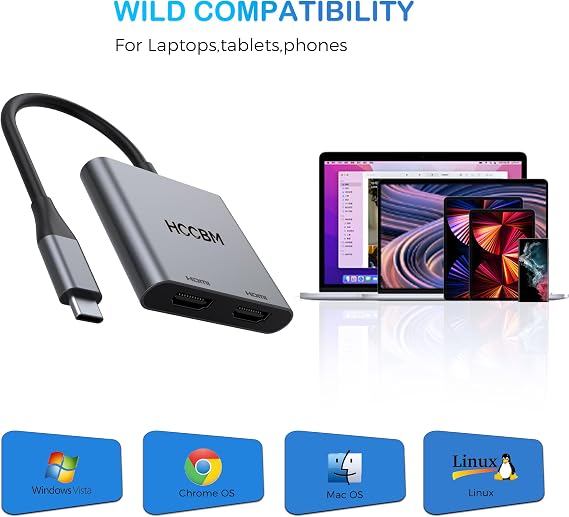 USB C to Dual HDMI Adapter, Dual Monitors Adapter USB C Hub with 2 HDMI Docking Station 4K @60hz for Laptop HP Dell Surface Thinkpad...