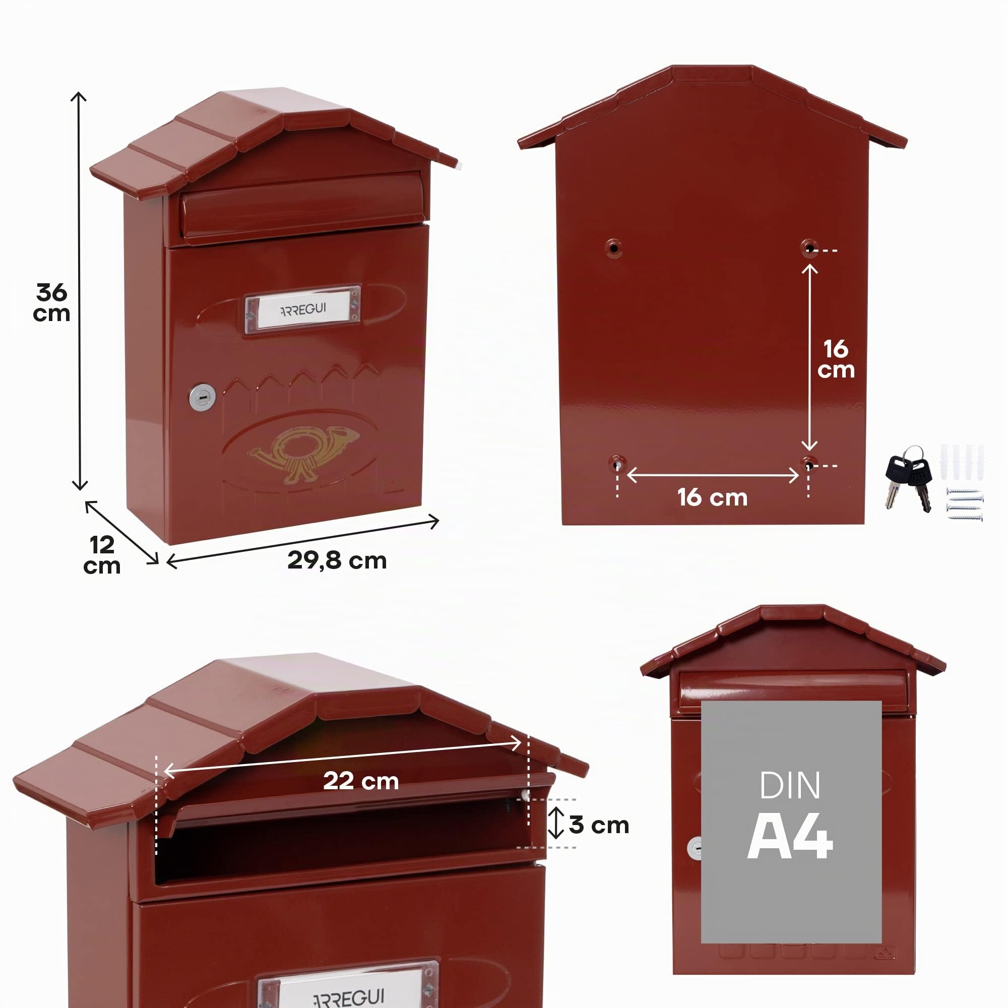 ARREGUI Villa E5002 Cassetta Postale Individuale in Acciaio, Cassetta della Posta da Parete, Cassetta delle Lettere, Lamiera Spessa, Dimensione M (DIN A4 e Riviste), Facile da Montare, Rosso