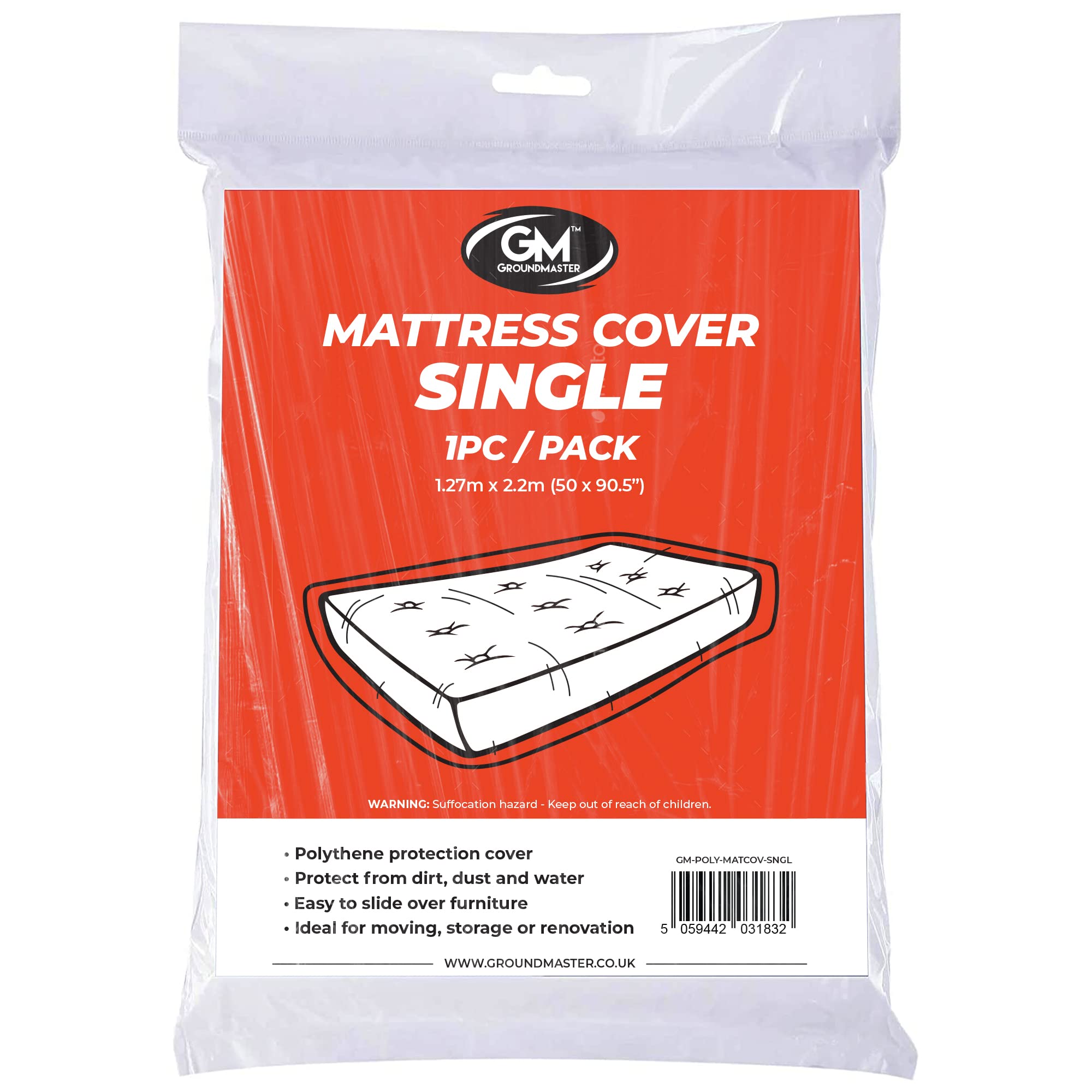 Groundmaster White Heavy Duty Polythene Plastic Mattress Cover For Moving - Single Mattress Storage Bag - Waterproof Protection - Reusable Bags For Moving - Dust Sheet For Decorating And Painting