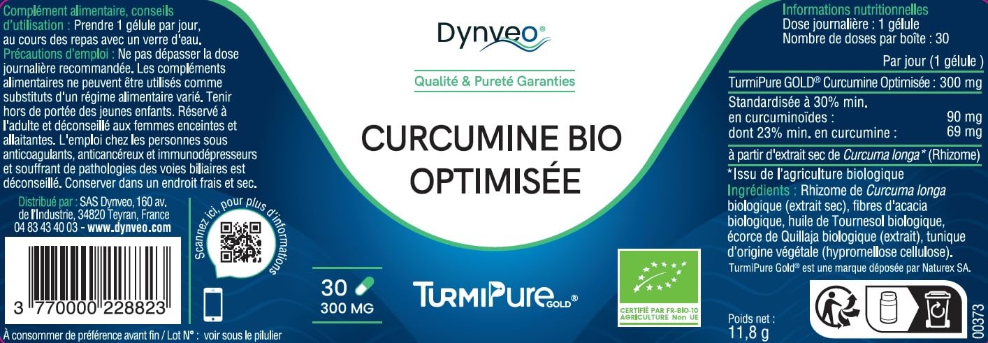 Curcumine BIO Optimisée qualité TurmiPure Gold® - 95% Curcuminoïdes - Articulations Circulation - 340 fois plus Biodisponible - 30 Gélules Vegan Fabriqué France - Dynveo