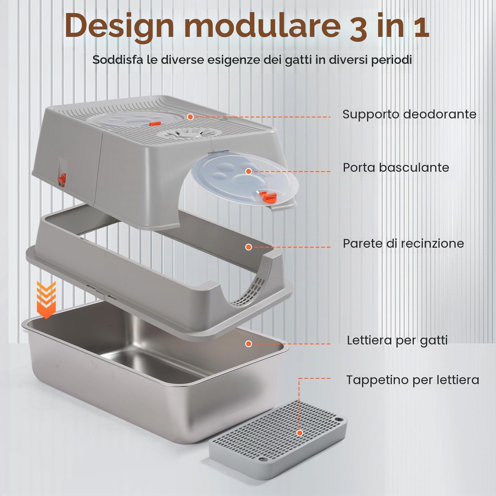 Lettiera per gatti in acciaio inox – coperta, adatta per gatti piccoli, medi e grandi, facile da pulire, controllo degli odori, superficie antiaderente, rimovibile, flip top a 180°, grigio