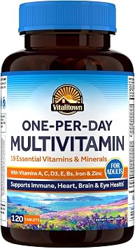 Vitalitown Multivitamin for Women & Men, with Iron, Zinc, Vitamin D3, A, C, B, E, 19 Key Nutrients, One Per Day, for Energy, Immune, Brain, Heart Support, 120 Tablets