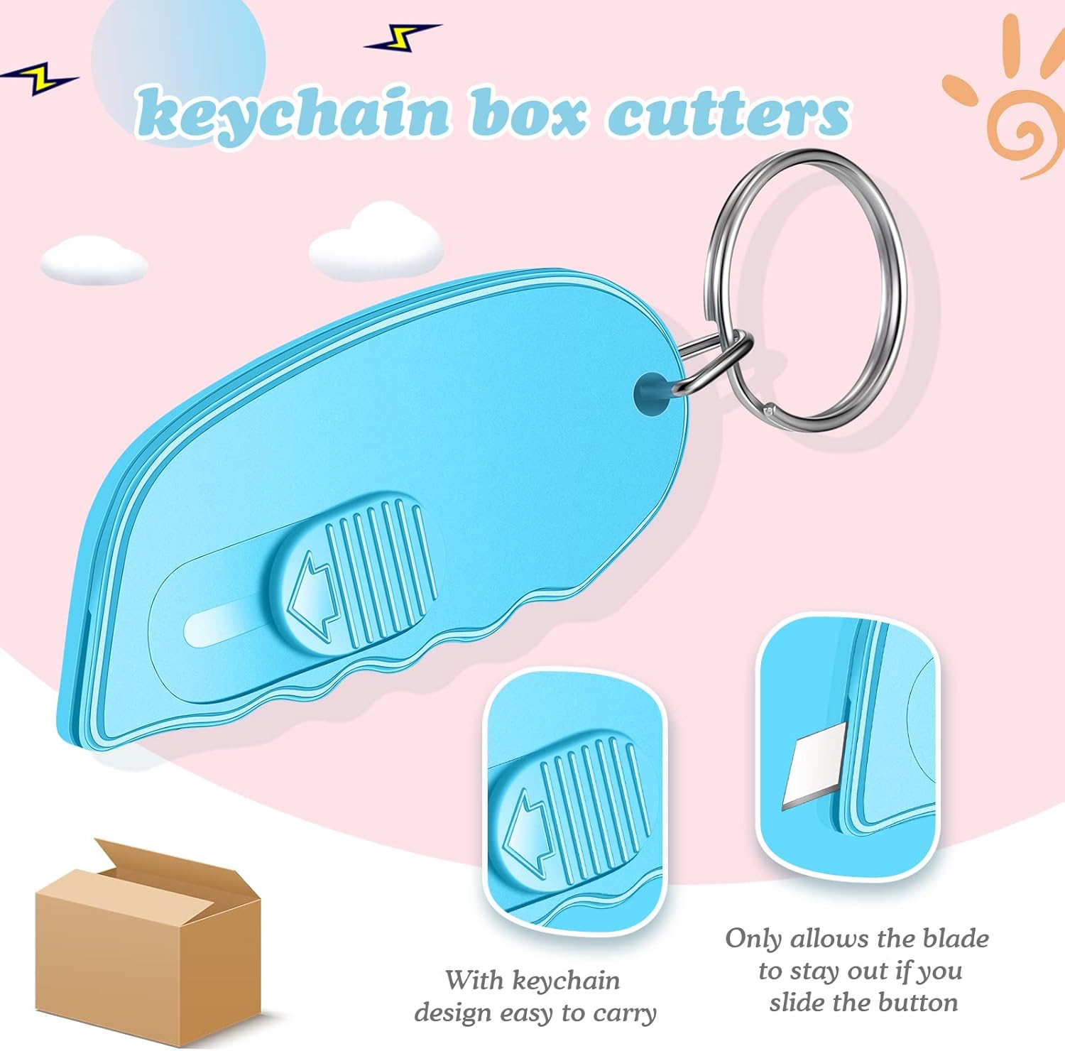 Minatee 12 Pack Mini Box Cutter Portable Mini Keychain Box Cutter with Auto Retractable Blade Pocket Utility Knives Small Letter Opener for Opening Packages(Classical Color)