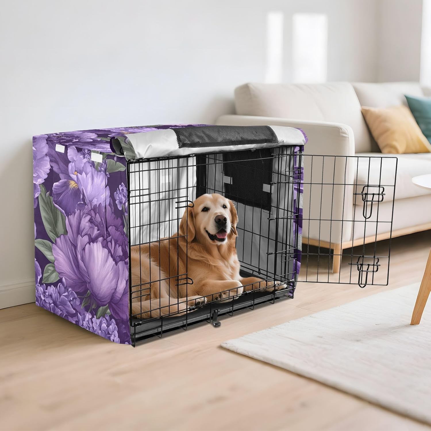 Purple Peonies Dog Crate Covers S-XL Windproof Pet Cage Cover with Openings, Reduces Barking, X-Large