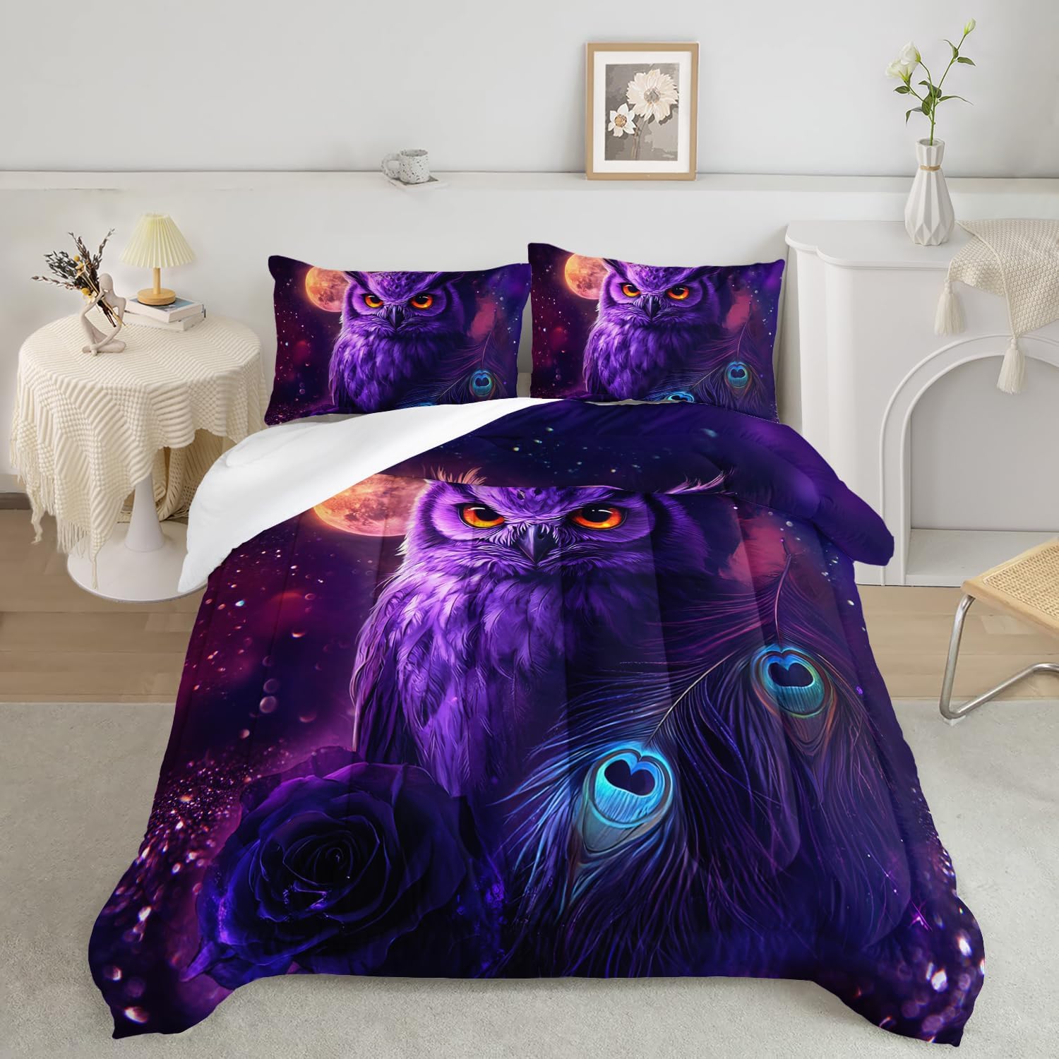 AILONEN Purple Owl Comforter Set Queen Size,Girls Night Starry Owl Wild Animal Bedding Set 3Pcs,Beautiful Peacock Feather Rose Soft Quilt with 2 Pillowcases