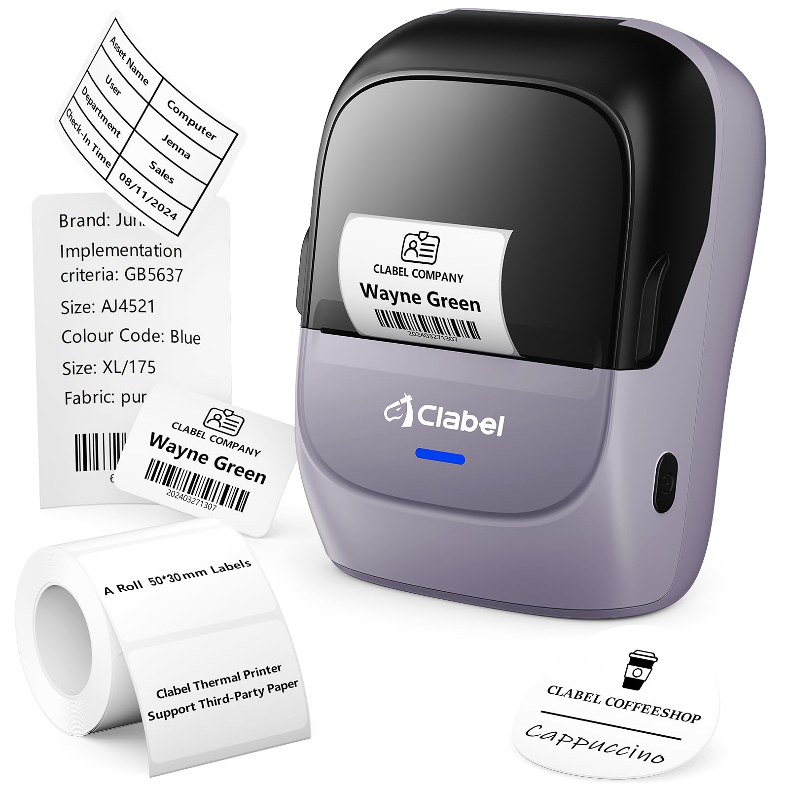 CLABEL 221B Label Maker Machine for Small Business, Portable 2-Inch Bluetooth Thermal Printer with Open-System, No Subscription, Labeler for Jewelry Clothing Retail Catering,Phone & PC Support(Purple)
