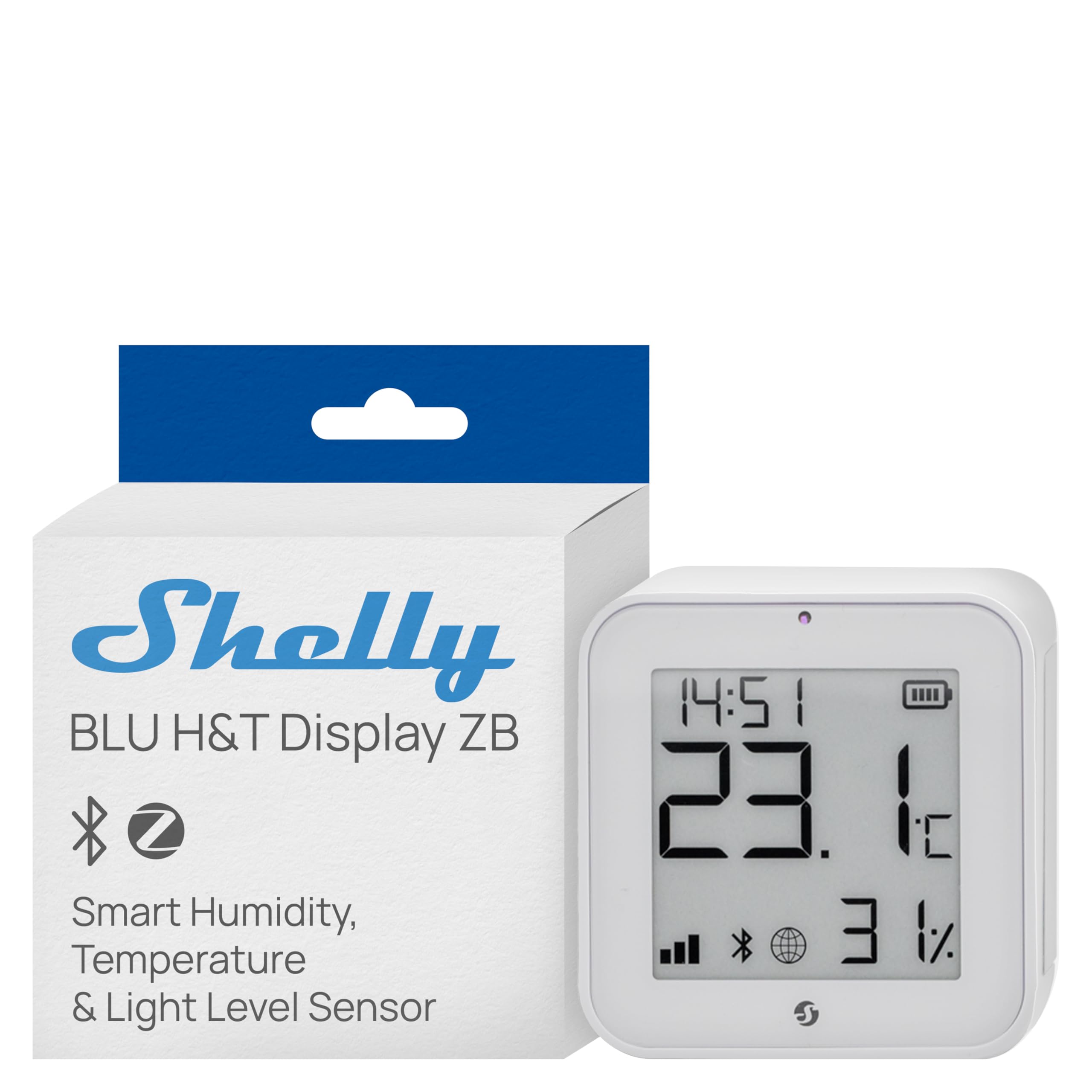 Shelly BLU H&T Display ZB White - Smart Zigbee & Bluetooth Temperature and Humidity Sensor, Thermometer and Hygrometer, E-Paper Display, Digital Clock, Indoor Use, Smart Automation, Gateway Required