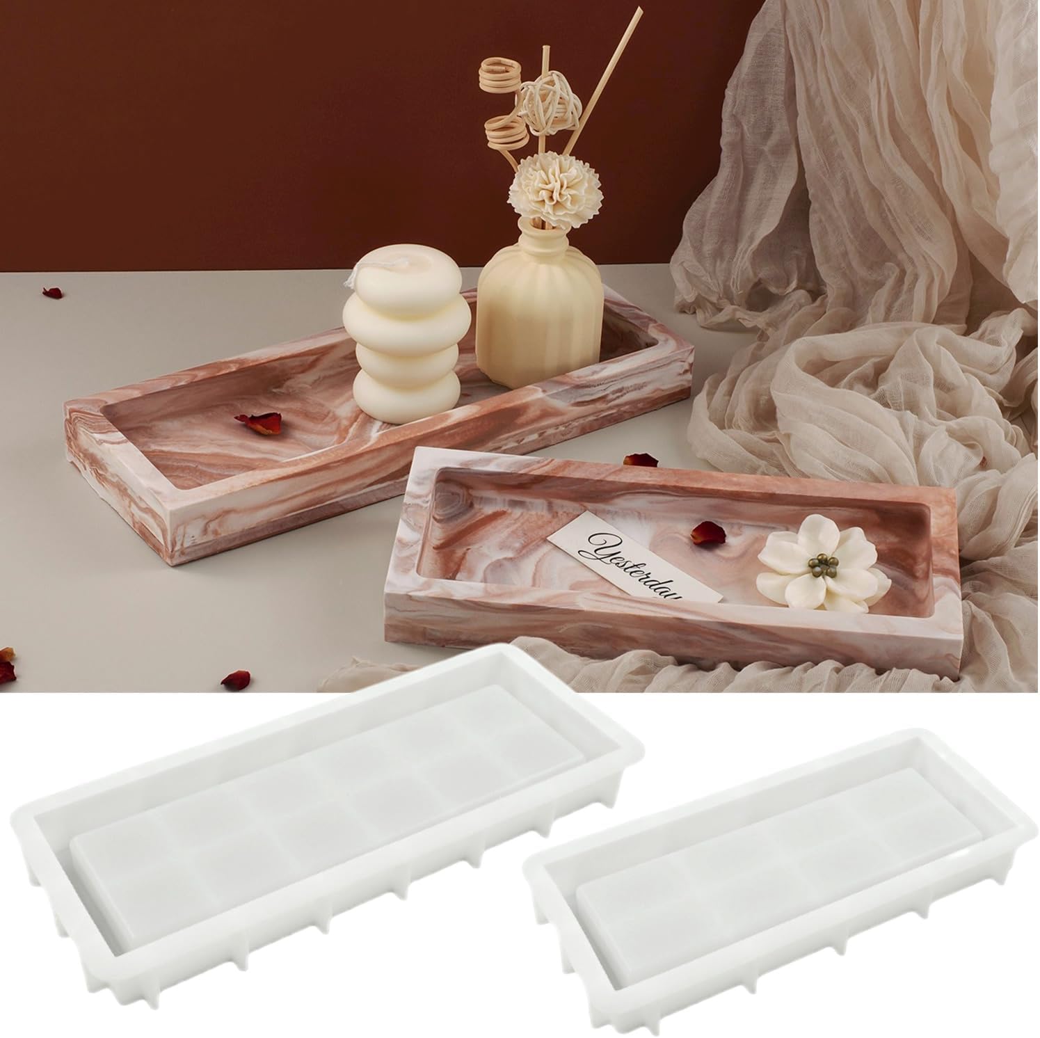 2 Pack Rectangular Tray Silicone Mold, Large Plate Resin Mold, DIY Plaster Cast Cement Concrete Rings Jewelry Storage Box Mold