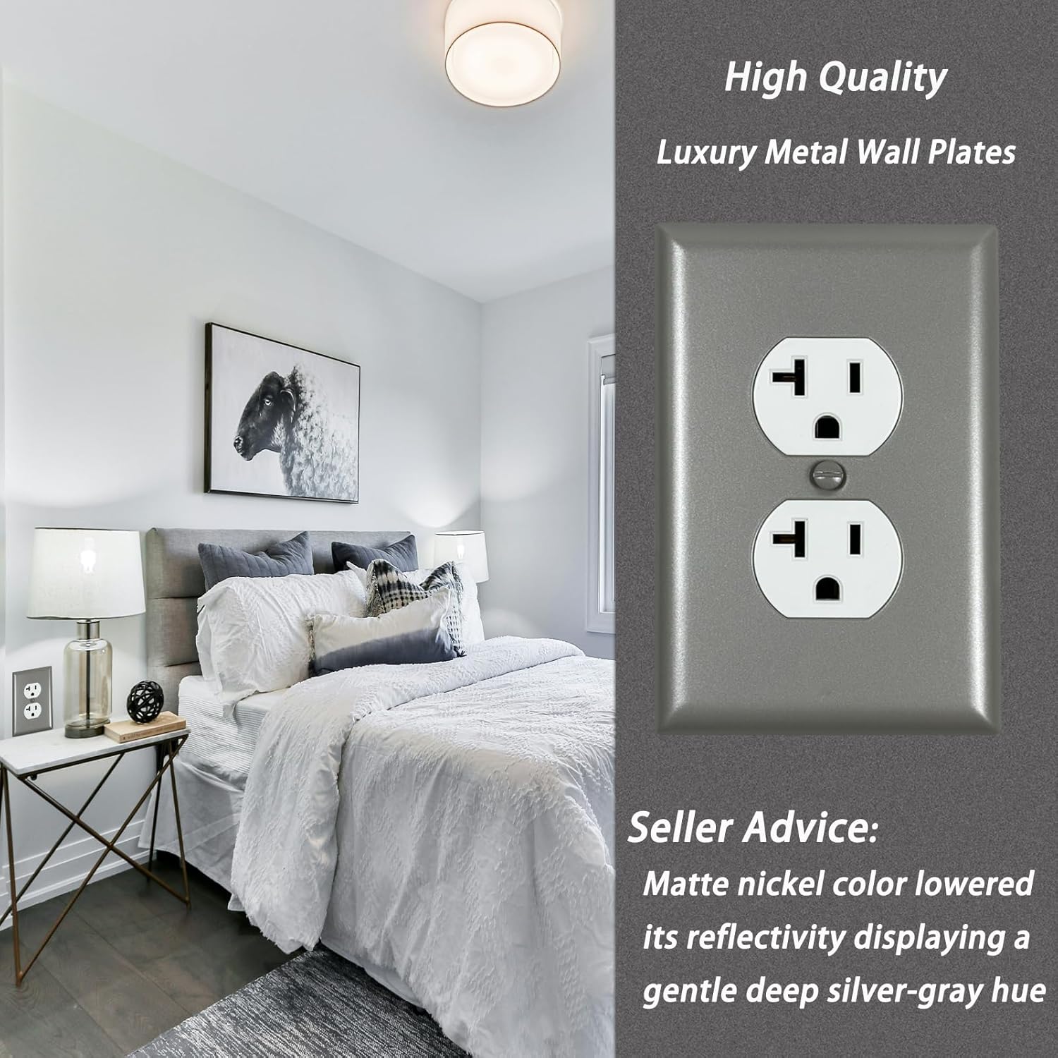 Metal Electrical Outlet Covers, light Switch Cover Wall Plates, Mid Size 3.16''*4.92''Switch Plate, Wall Plates of Various Styles for Indoor Nickel (1 Gang Duplex 4 PK)