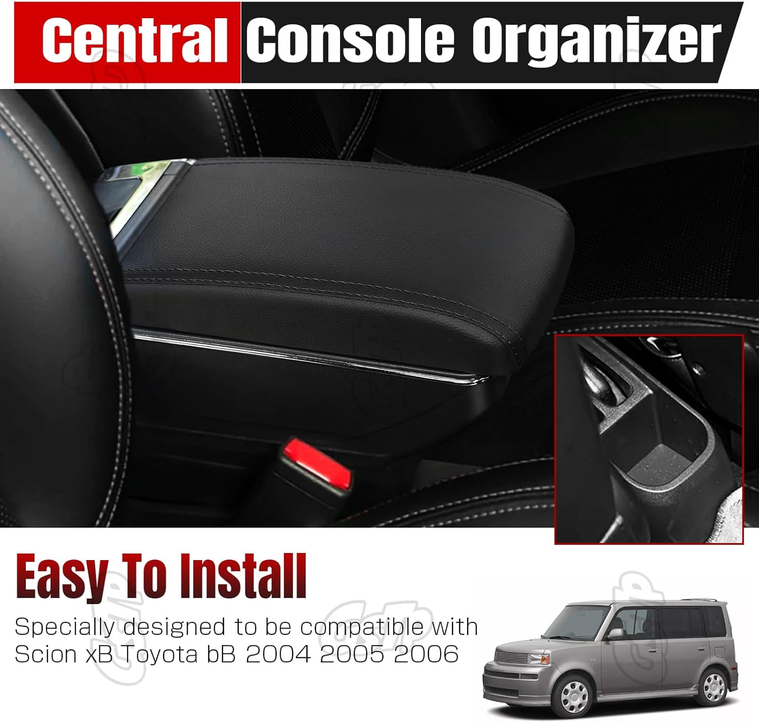 Center Console Armrest Compatible with Scion xB Toyota bB 2004 2005 2006 with 7 USB Port Cup Holder Double Layer Organizer Storage Box (All Black)