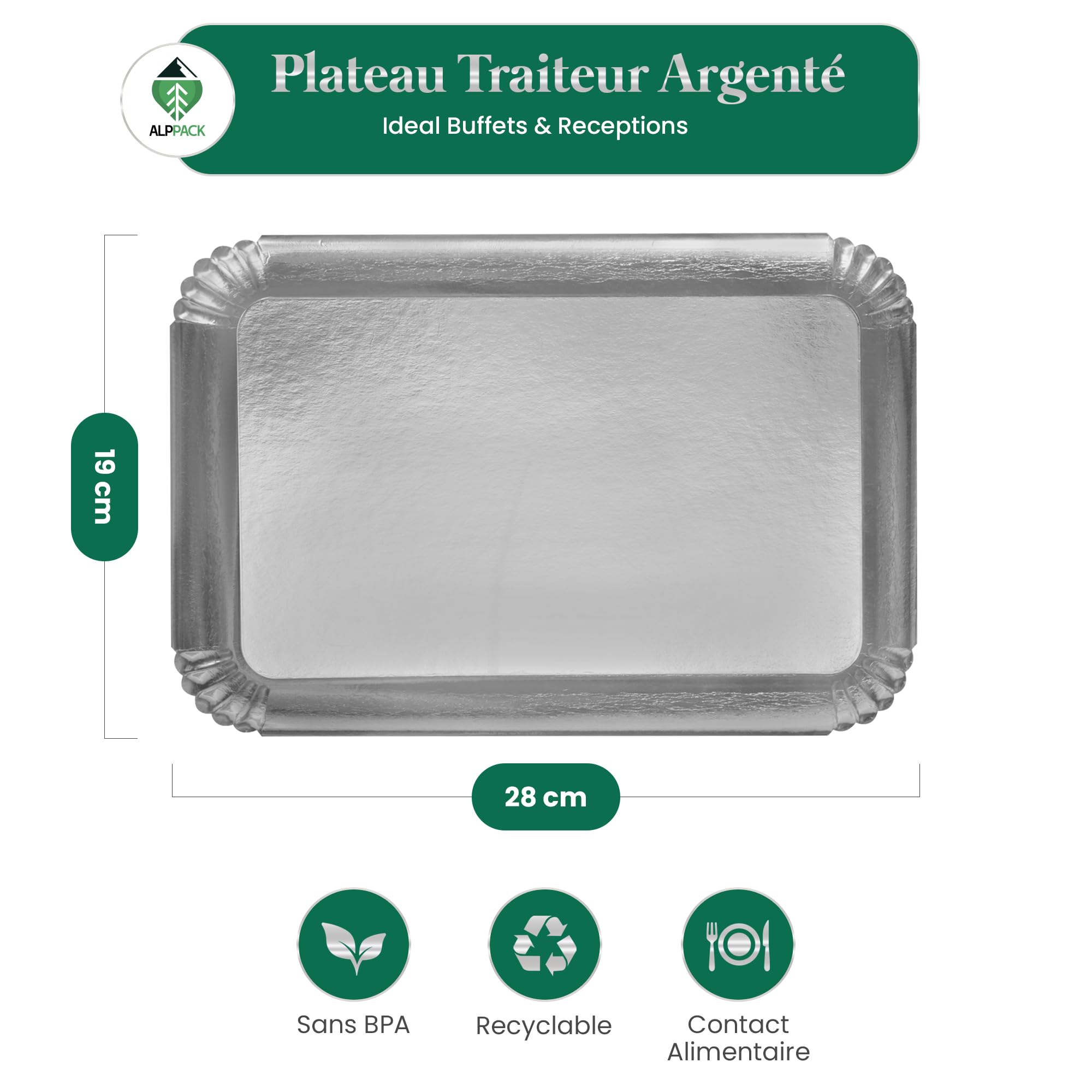 Bandeja de servicio de cartón grueso plateado 28 × 19 cm – Lote de 100 Bandejas desechables profesionales – Expositor Aperitivo Buffet – Bandeja desechable para buffet, boda, recepción y evento