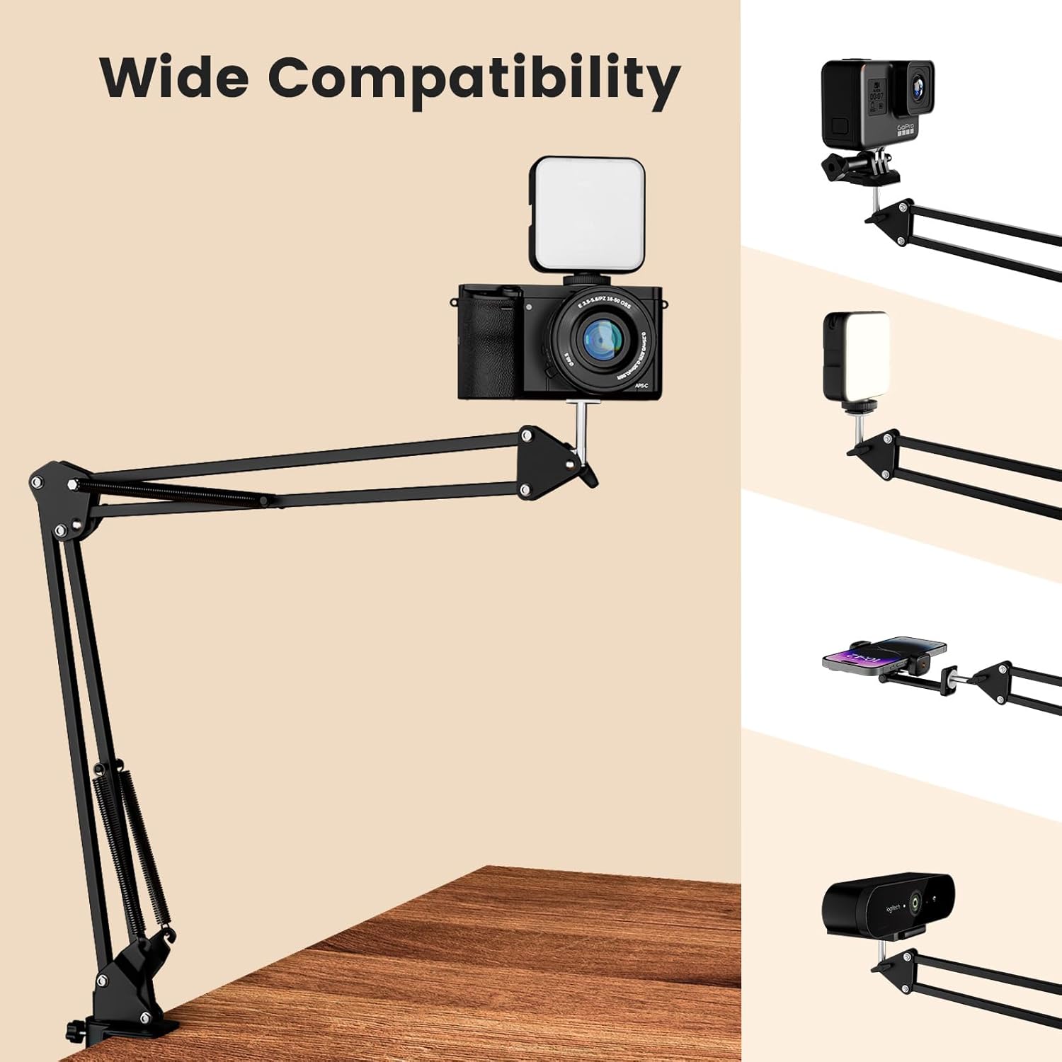 Overhead Phone Mount with LED Selfie Light and Bluetooth Remote, Rechargeable Camera Light Tripod Stand with Flexible Boom Arm, Desk Phone Holder for Video Recording, Live Streaming, TikTok, Vlogging