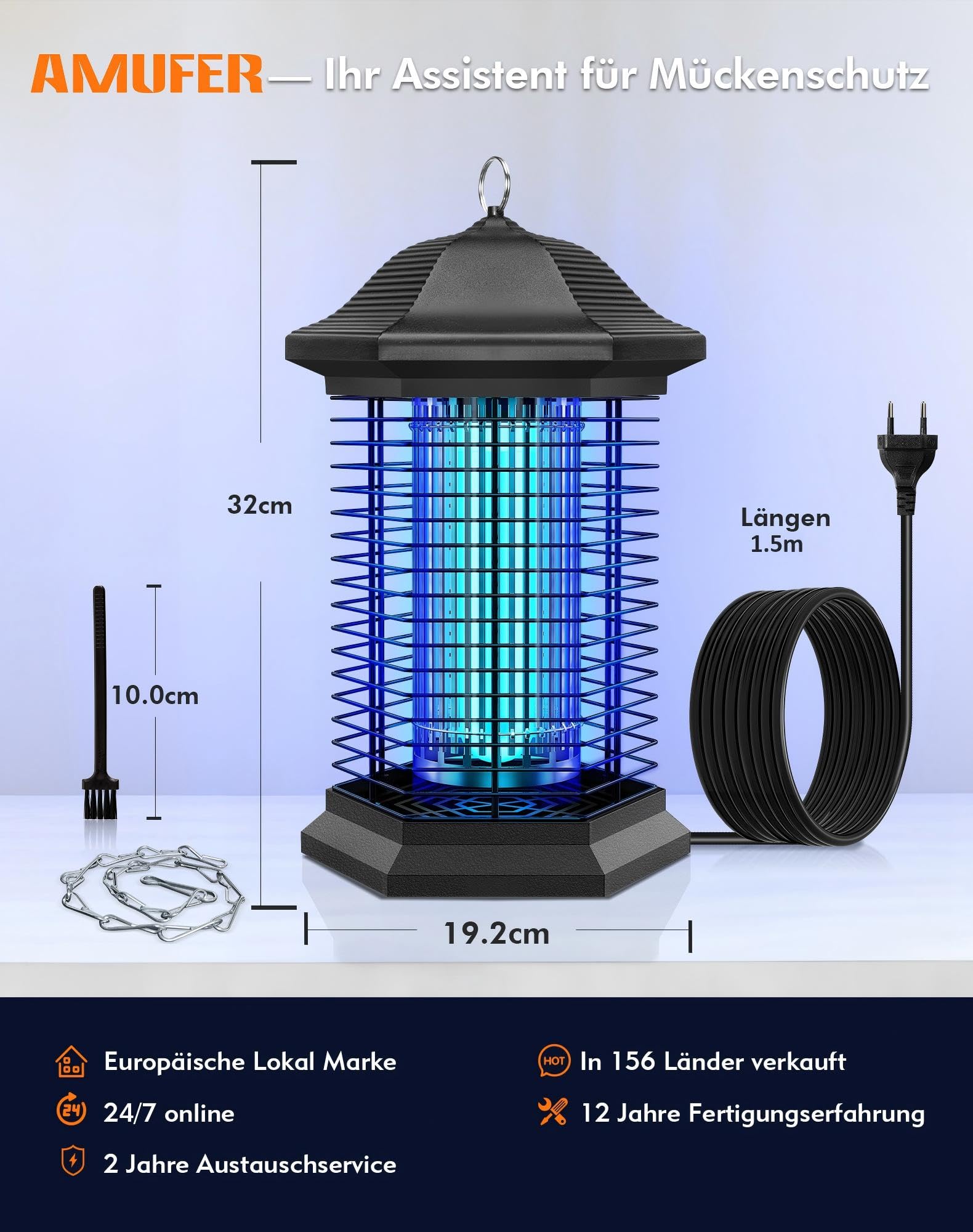 AMUFER Insektenvernichter elektrisch, Mückenfalle mit 18 W Leistung & 4400 V Voltstärke, 100% höhere Effizienz der Mückenbekämpfung, Mückenlampe Fliegenfalle für Garten, Schlafzimmer, Gastronomie
