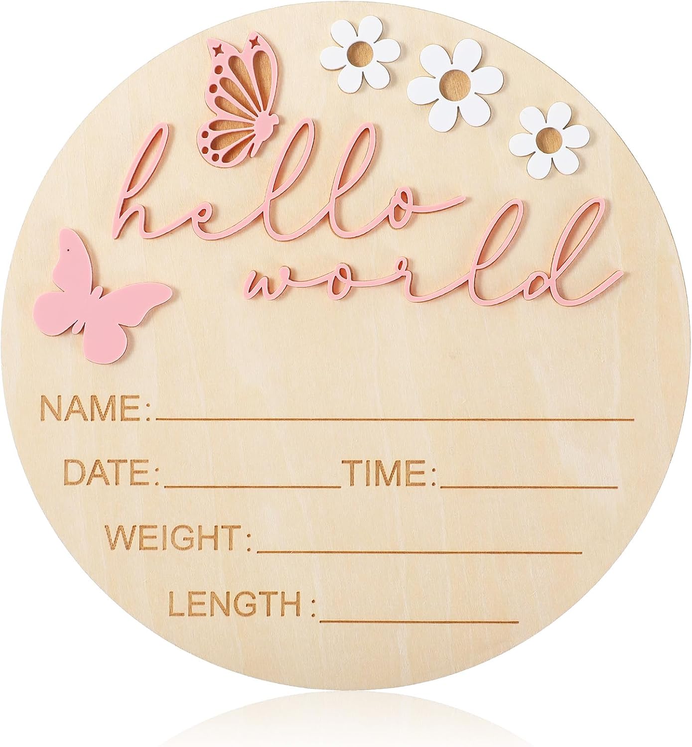 Hello World Newborn Sign, 5.9 Inch Wooden Baby Announcement Sign Pink Butterfly Style Birth Welcome Board for Newborn Boys Girls Photo Props Baby Shower Hospital Nursery (Purple)