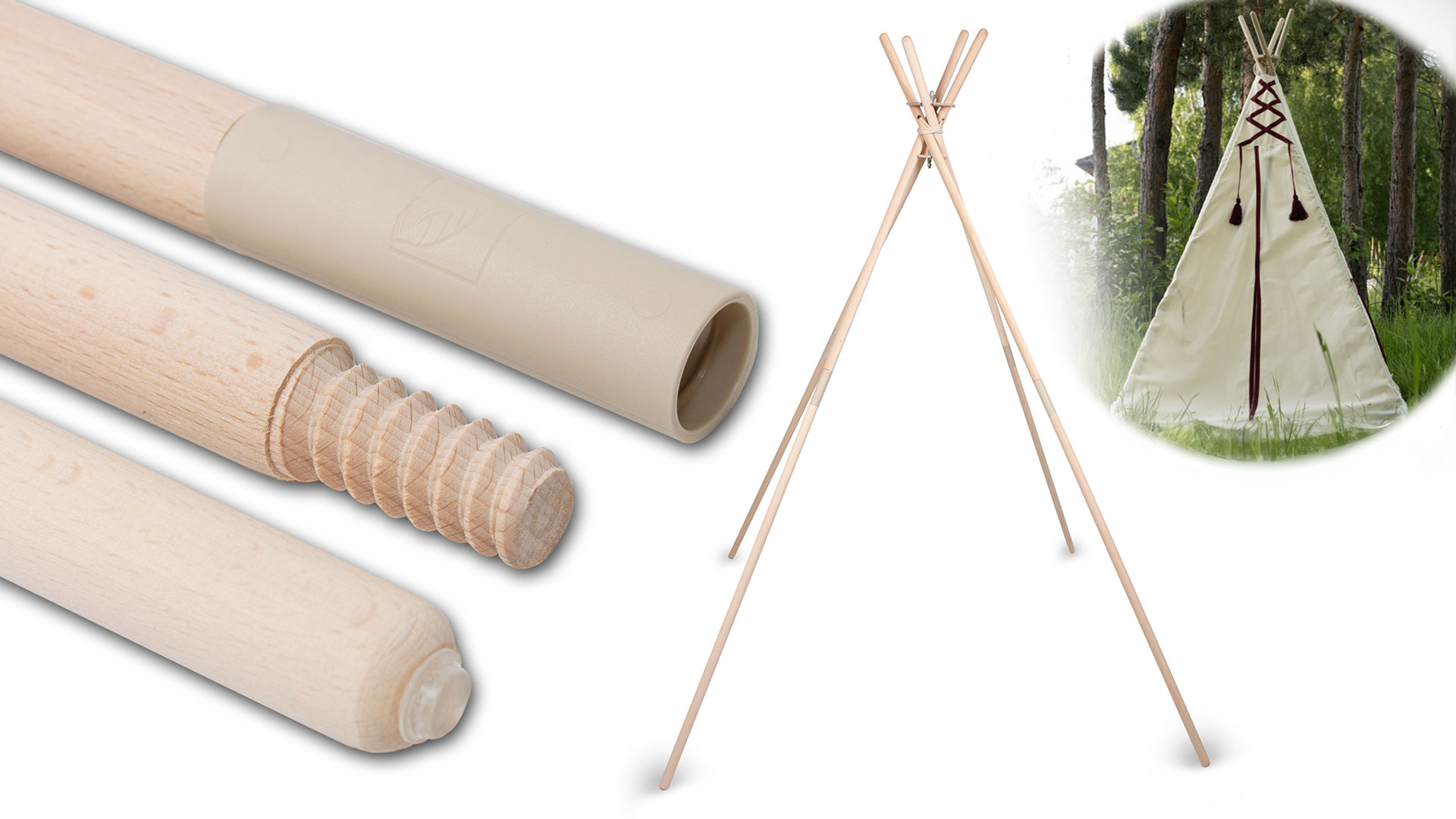 PaLulli Set mit 4 Tipi Zeltstangen aus Holz - Tipi Stangen Zeltstangen aus Natürlicher Buche - Maximale Stangenlänge 180 cm - 4 x Angetrieben 4 x mit Gewinde - Zelt Tipi
