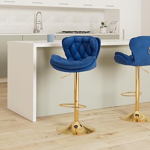 Miniatura 30 de SLEERWAY Juego de 2 taburetes de bar giratorios modernos, sillas de bar de terciopelo para mostrador de cocina, taburetes de bar dorados, taburetes