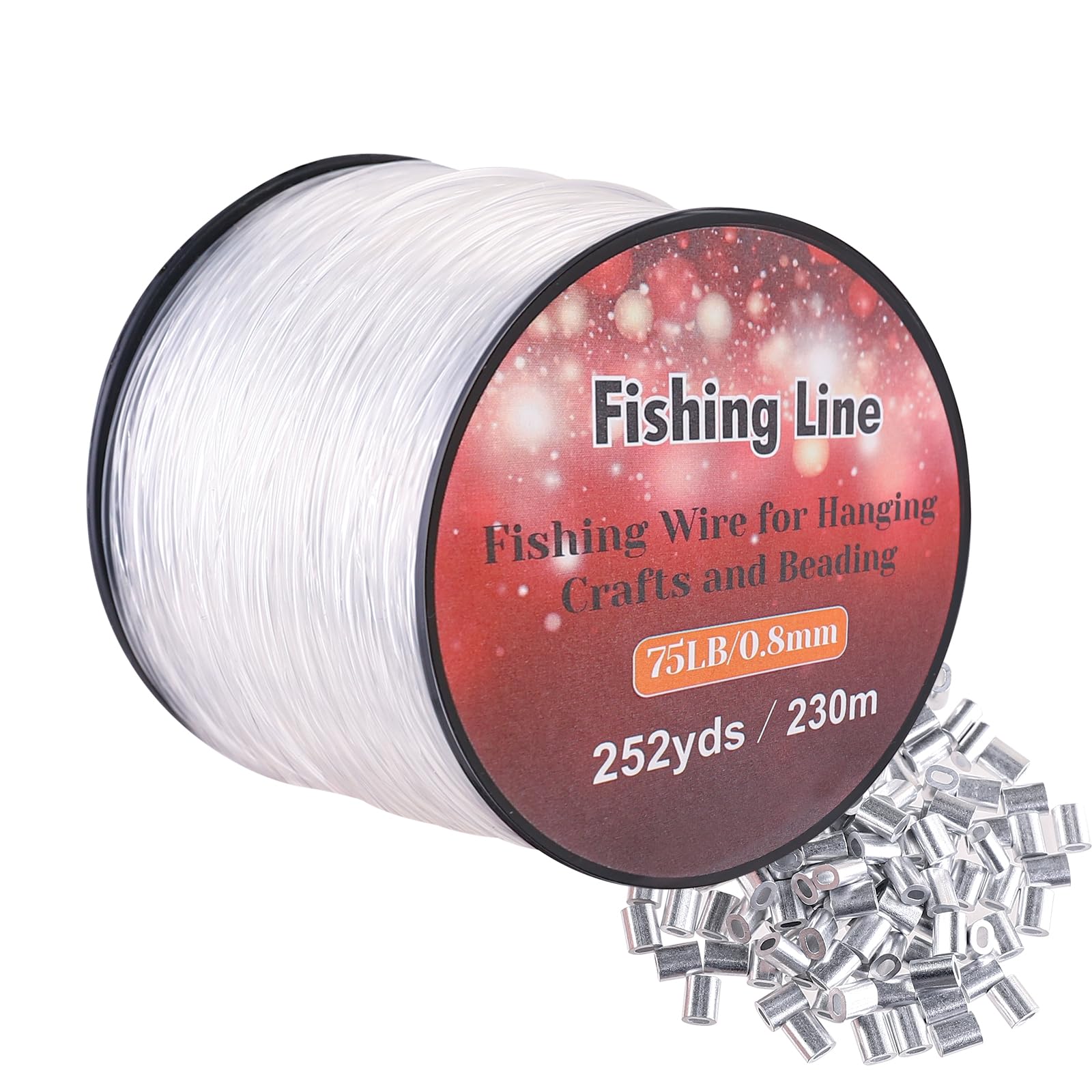 BROJAQ Strong Fishing Line 754 FT Clear Monofilament Fishing Wire 0.8mm Heavy Duty Invisible Hanging Wire with 120Pcs Crimps Sleeves Support 75 Pounds for Balloon Garland Crafts Hanging Decorations