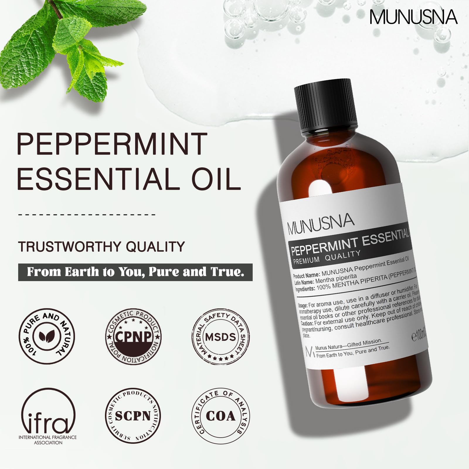 MUNUSNA Peppermint Essential Oil 100ml, 100% Pure Peppermint Oil for Aromatherapy, Mint Fragrance Oil for Home for Diffusers, Candle and Soap Making — view 8