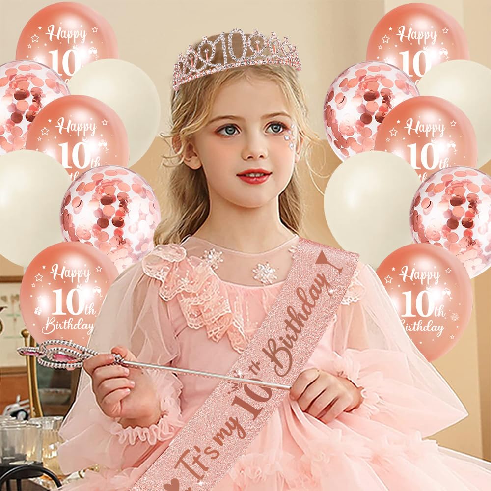 10 Anni Decorazioni Compleanno Ragazze, 10° Fusciacca e Diadema Oro Rosa Compleanno, Happy Birthday Cake Topper, Candele di Compleanno Numero e Palloncini, Regalo Ragazza 10 Anni