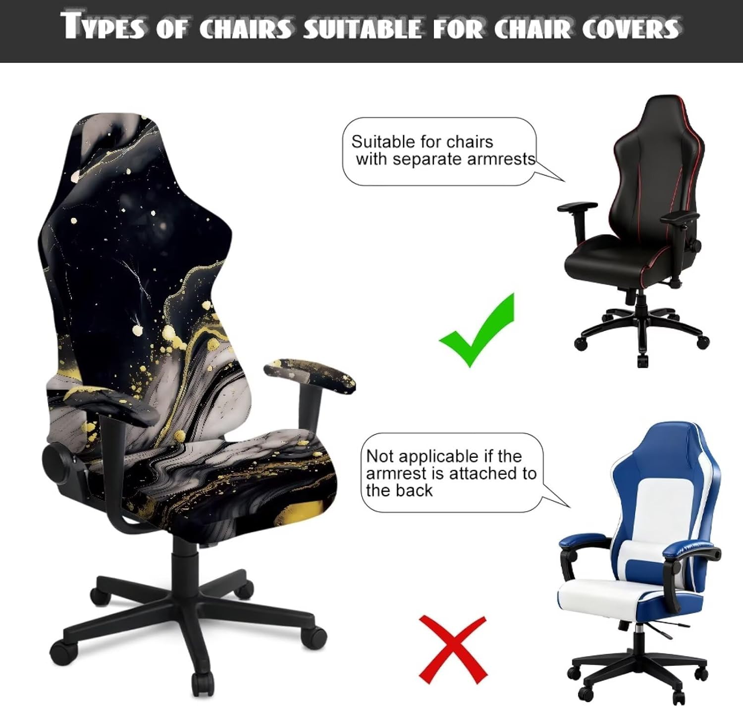 Merkmak Black Marble Computer Chair Cover Set of 4 Office Chair Slipcovers with Armrest Covers Stretchable Gaming Chairs Seat Slipcovers for Home, Office Furniture Protectors