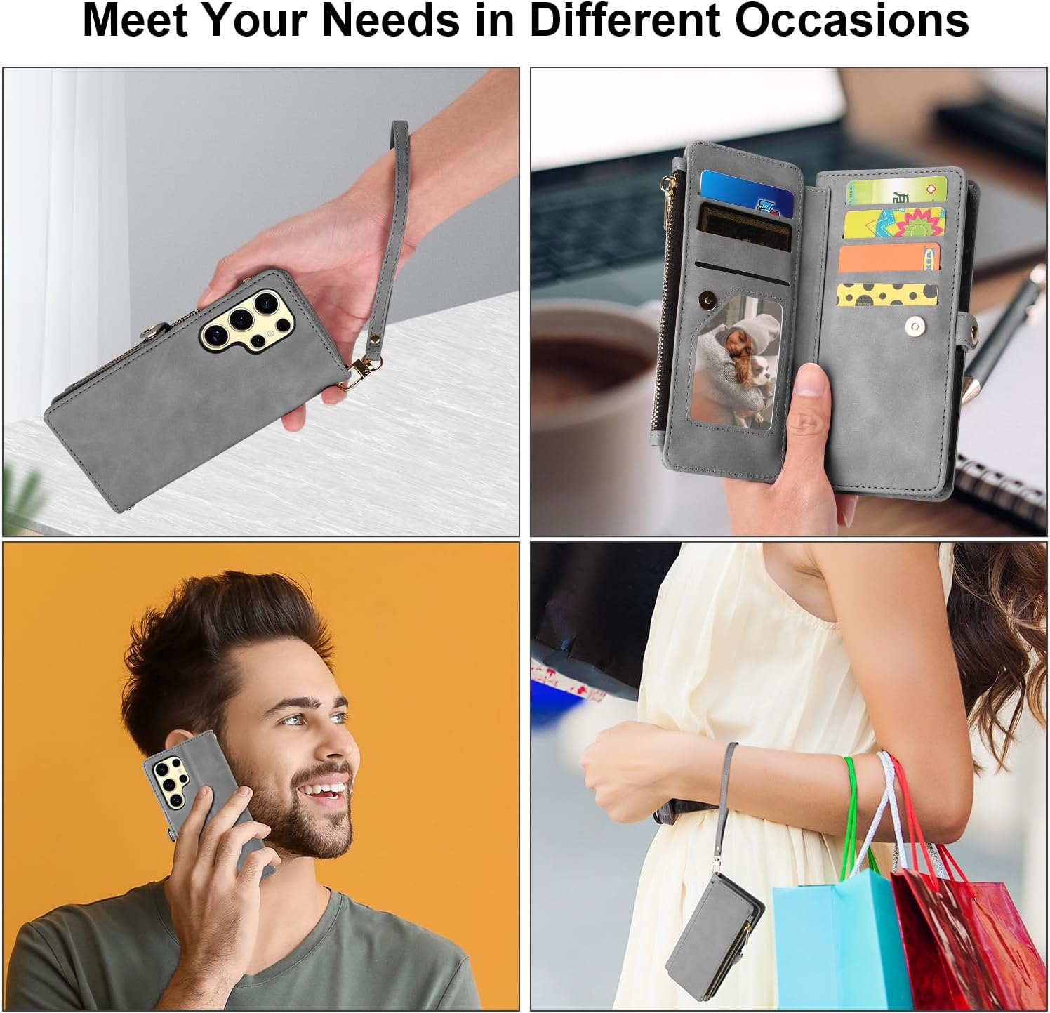 ELESNOW Wallet Samsung Galaxy S24 Ultra Case for Women Men, PU Leather with Card Holder [RFID Blocking] Wrist Strap Crossbody Zipper Stand Magnetic Flip Phone Case Cover for Samsung S24 Ultra, Gray