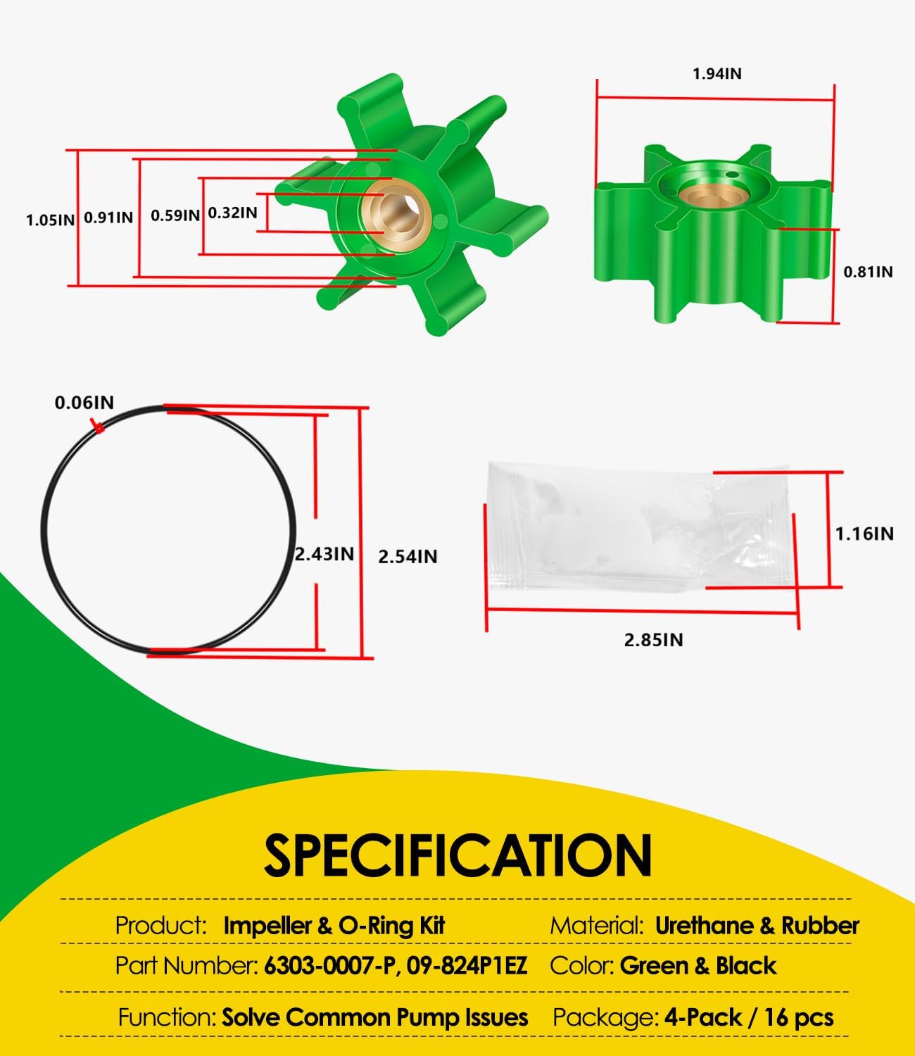 4-Pack 6303-0007-P Impeller Replacement Kit | Polyurethane Impeller & O-Ring Kit for Jabsco Ballast Puppy Pumps (18220 Series) | Fits Wakeboard & Ski Boat Ballast Pumps | Replaces 09-824P1EZ