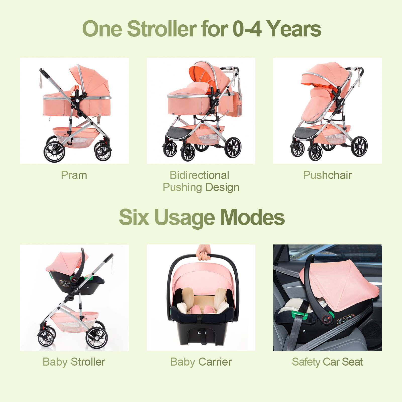Gcarebb Passeggino 3 in 1 con seggiolino auto, portatile, con un clic, pieghevole, con telaio in alluminio, per neonati da 0 a 4 anni