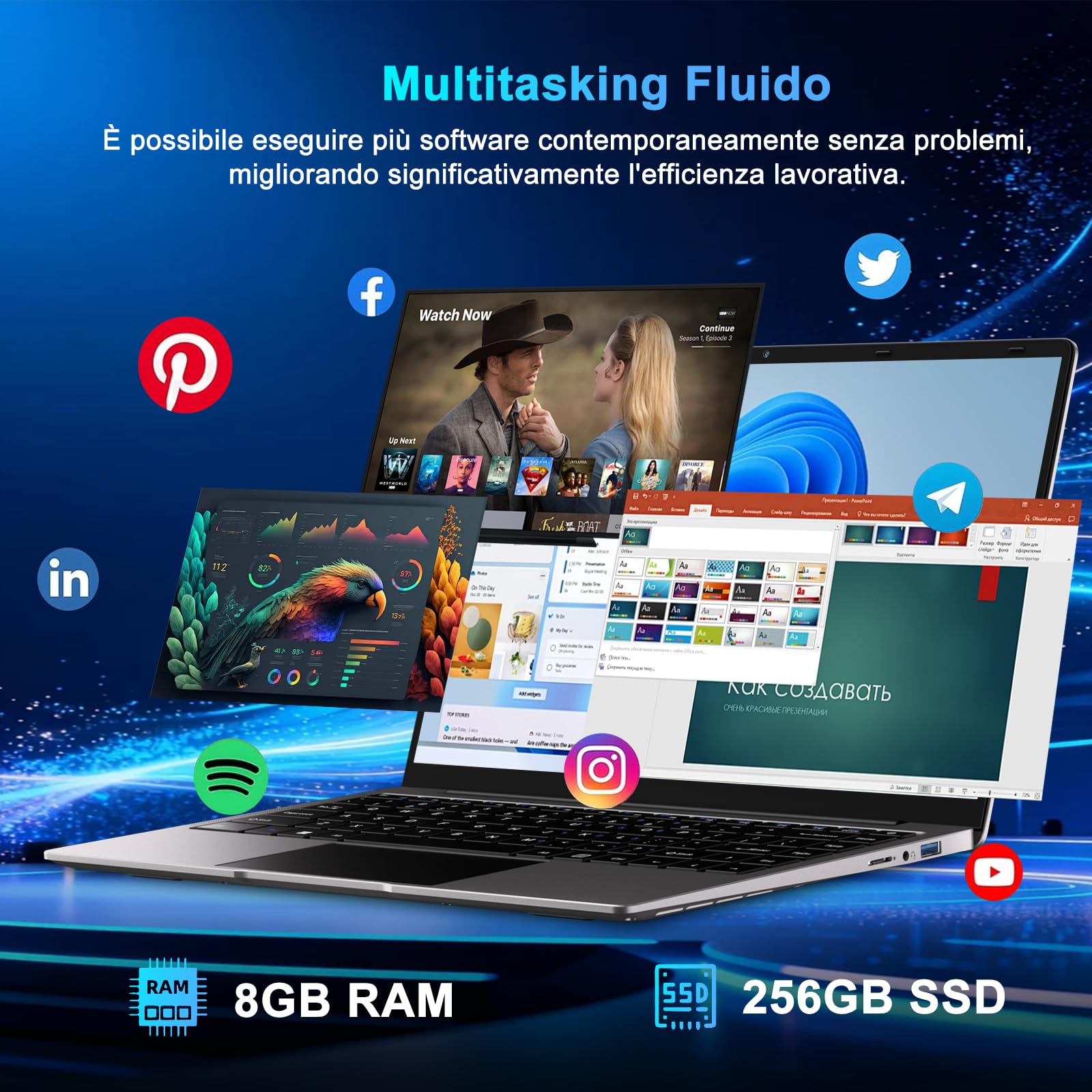 bvate 2026 PC Portatile 14 Pollici Laptop 8GB RAM 256GB SSD-Grigio | Processore Celeron Fino a 2.8GHz, Win11 con Mouse Wireless e Adesivi Tastiera Italiana