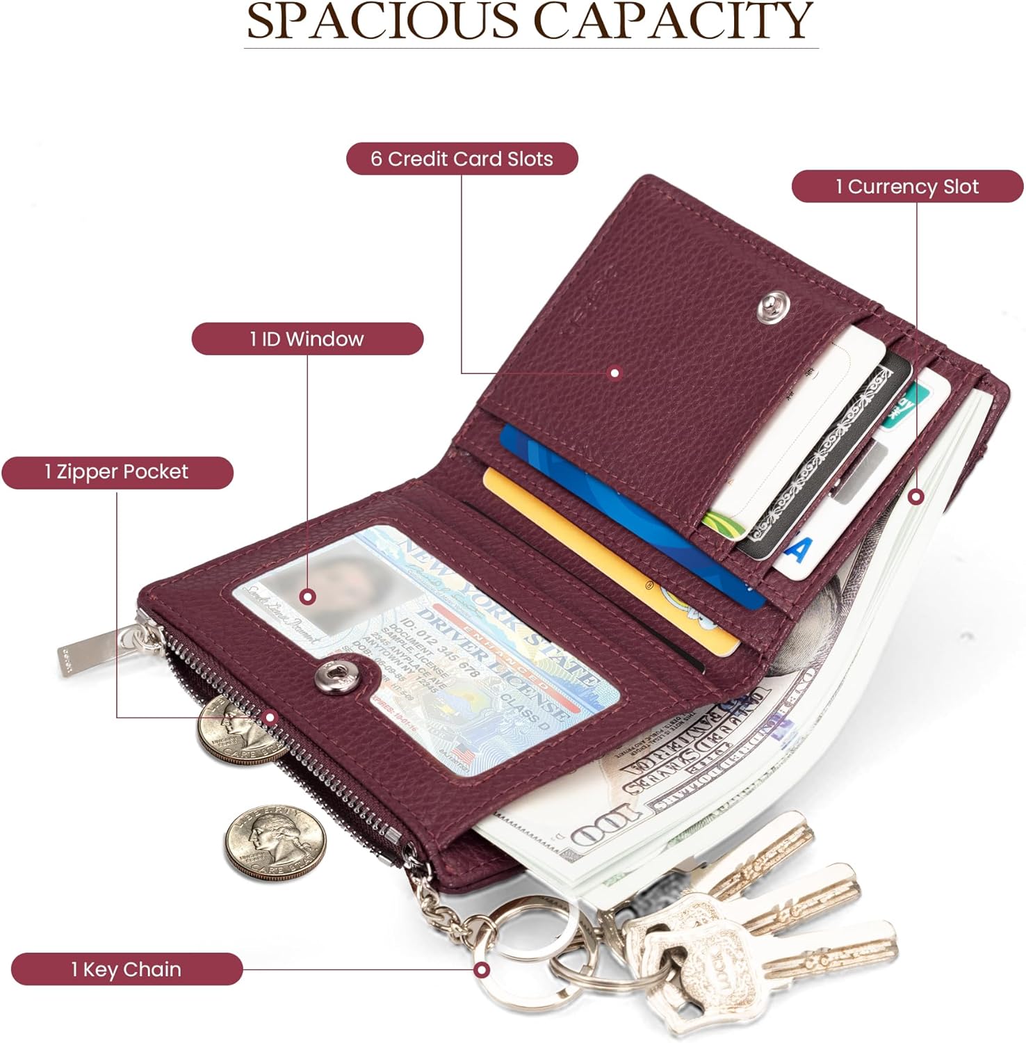 befen Real Leather Small RFID Blocking Wallet for Women with Credit Card Holder Zipper Coin Pocket Key Chain Wallets - Burgundy Red - Image 3
