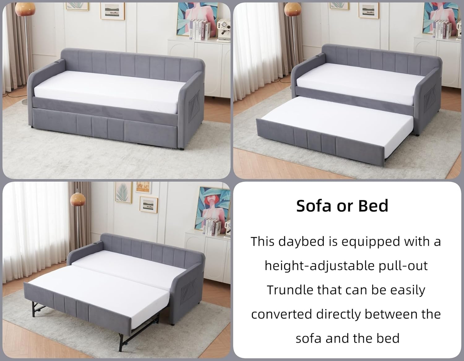 KEIKI Twin Velvet Corner Daybed with Liftable Trundle Converts to King Size, USB Charging Ports, Upholstered Headboard Captain Sofa Day Bed Frames for Small Room, Bedroom, Kids' Room, Grey