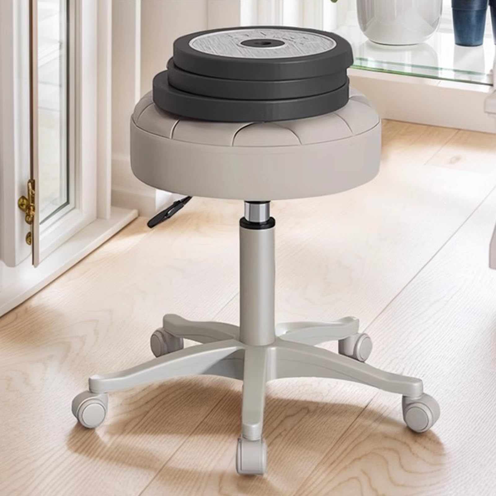 Kleiner Stuhl, runder Rollhocker mit Rollen, PU-Leder, höhenverstellbar, Drehhocker, Zeichenarbeit, Tattoo, Massage, Spa, Salon, Heimbüro, Stuhl (Beige)