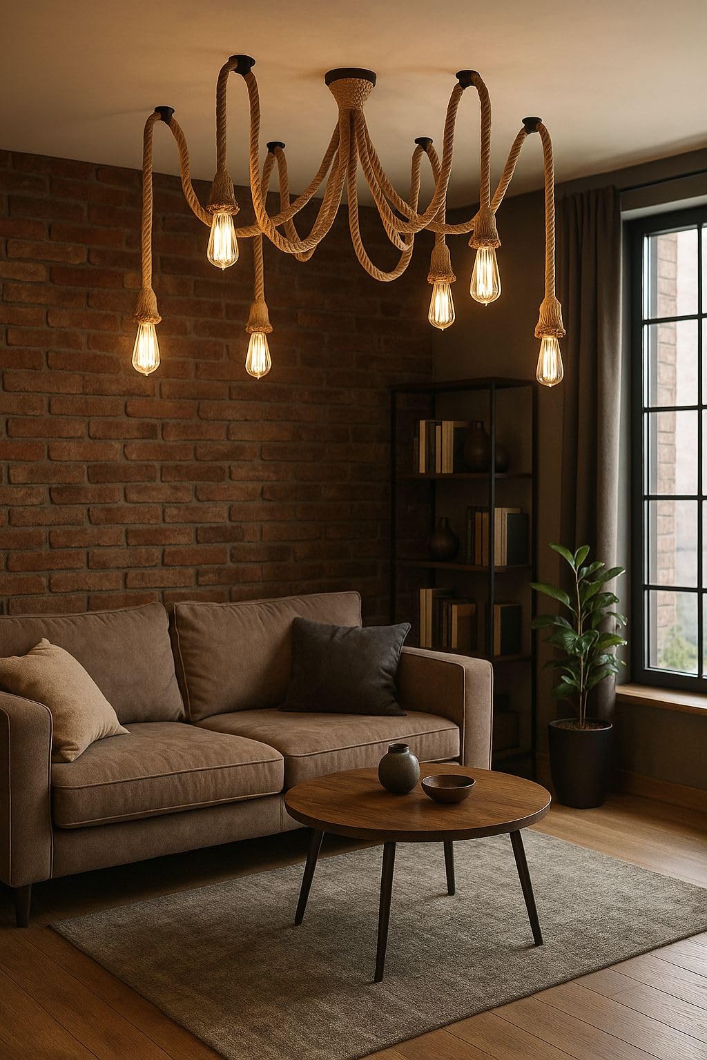TEKHONE Lampadario a Sospensione Stile Industriale con Corda in Canapa, 6 Luci E27, Metallo e Ceramica, per Sala da Pranzo, Soggiorno, Ristorante – B59-6