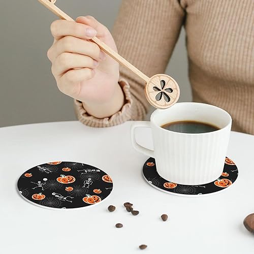 Miniatura 5 de Juego de 6 posavasos de esqueleto de calabazas de Halloween para bebidas, posavasos de piel sintética absorbente para mesa auxiliar, decoración del
