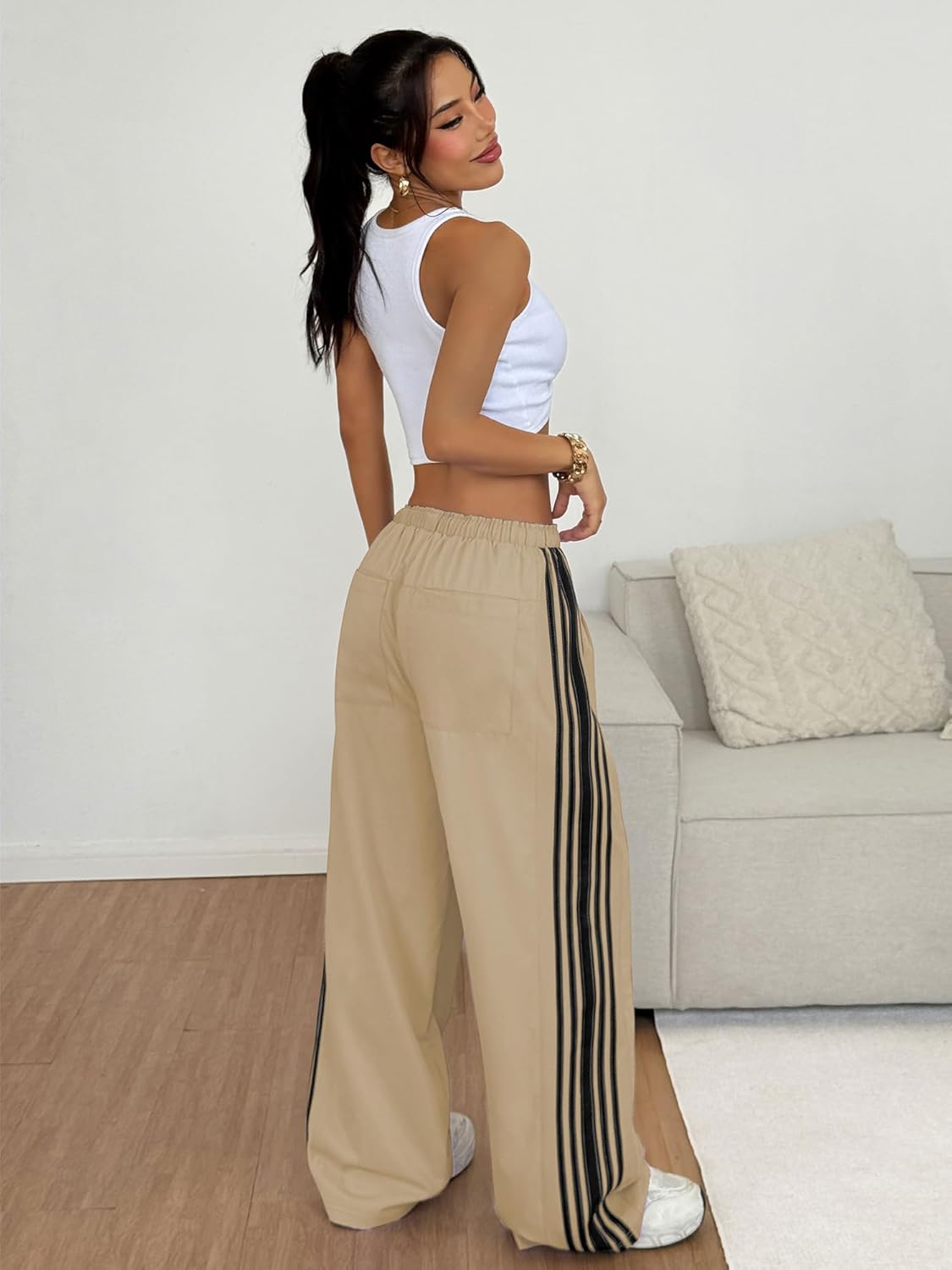 ZAFUL Women's Colorblock Straight Casual Pants Drawstring Slouchy Palazzo Pant Side Striped Lounge Trouser with Pockets - Image 3
