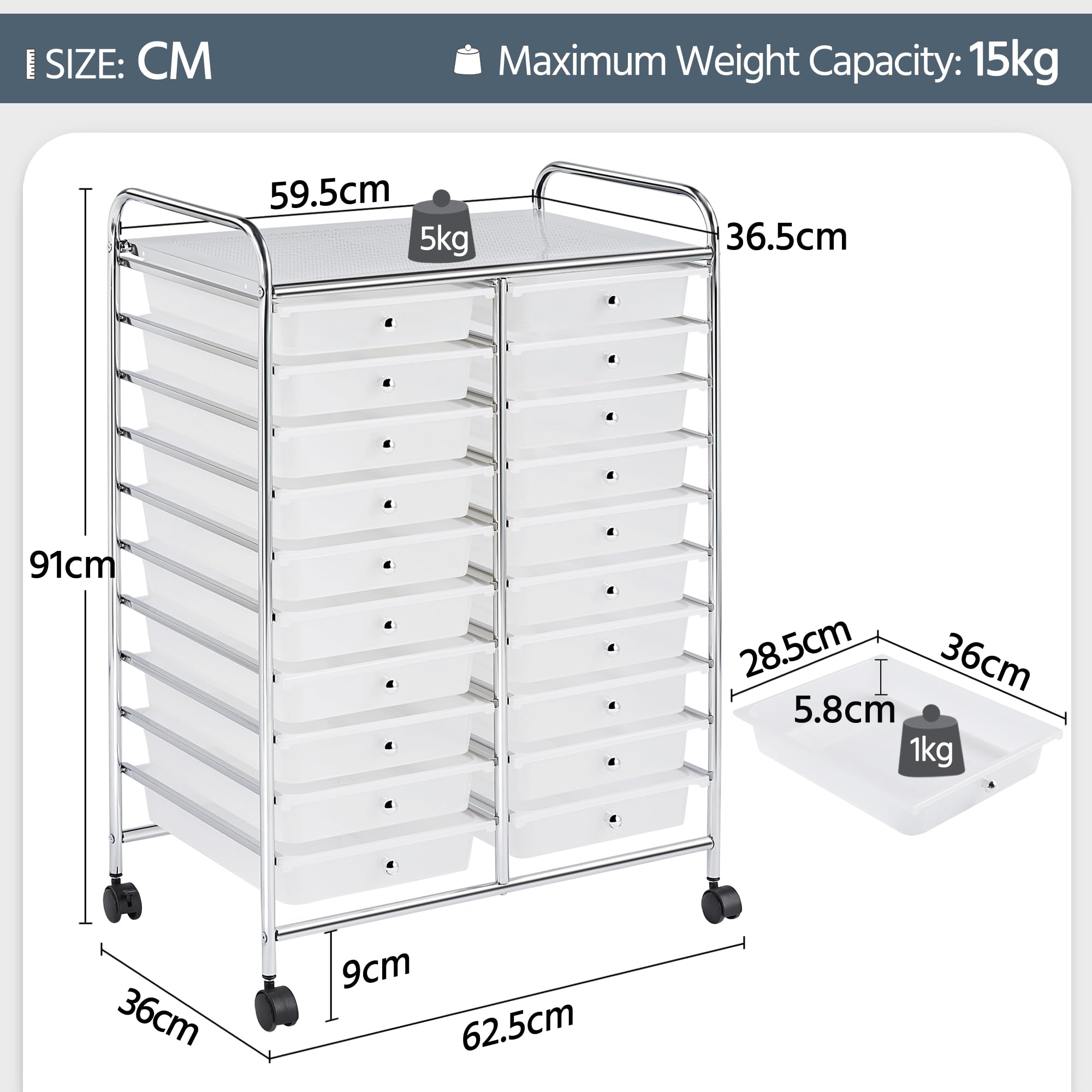 Carrello Portaoggetti Stoccaggio con Ruote 20 Cassetti Cassettiera Rimovibili Plastica per Ufficio Sala da Pranzo Cucina Dispensa Soggiorno Bagno (Bianco)