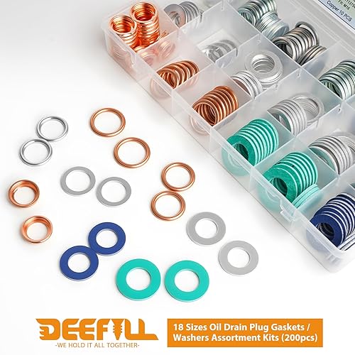 Miniatura 7 de DEEFILL 200 piezas 18 tamaños Juego surtido de juntas y arandelas para tapón de drenaje de aceite maestro Compatible con Toyota, Subaru, Chevrolet