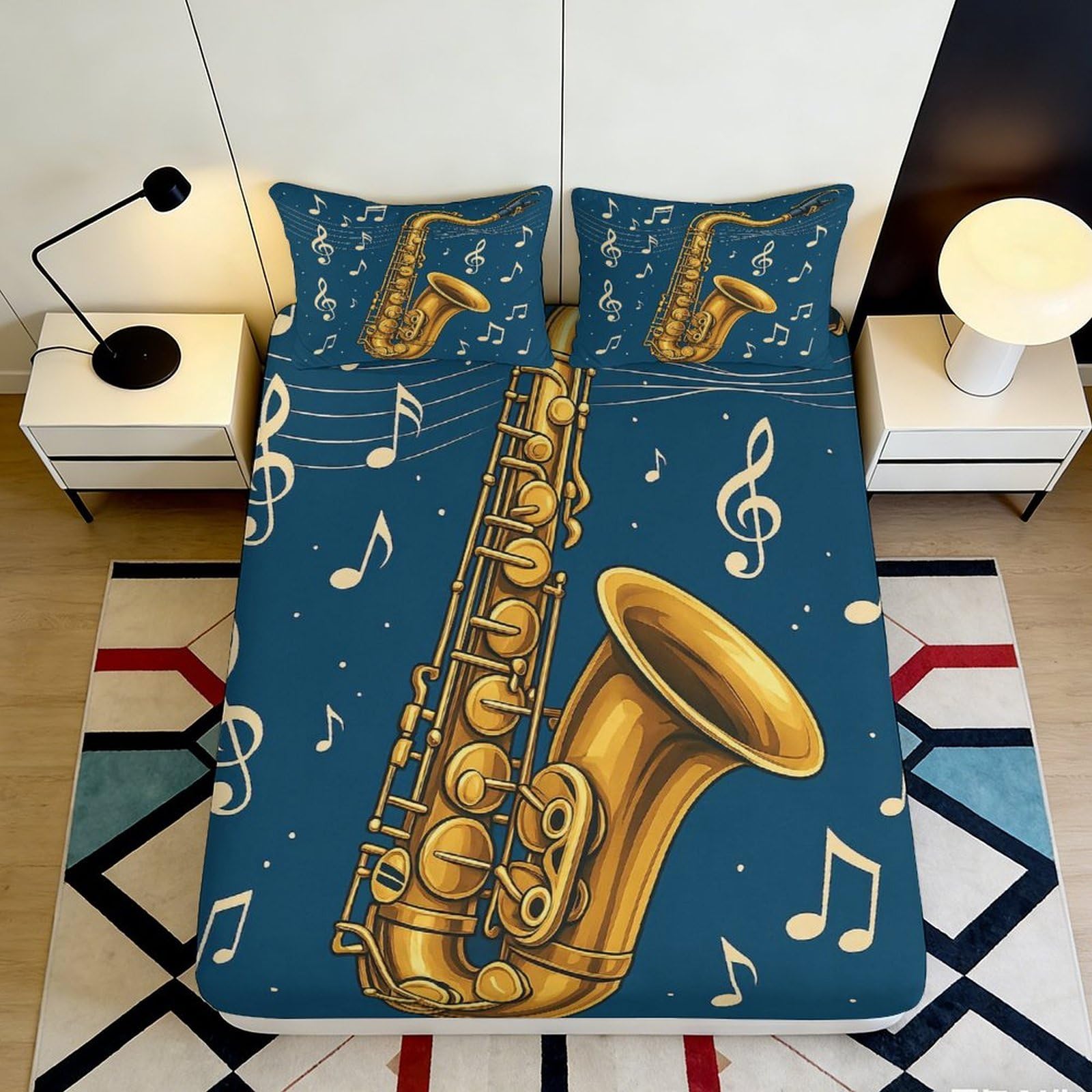 3D Printed Saxophone Fitted Sheet Microfiber Soft Breathable Music Notes Mattress Cover for Bedroom Dorm Decor 90x200x25cm