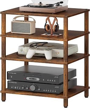 LELELINKY 4-Tier AV Media Player Stand, Brown Stereo Cabinet, Modern Stereo Cabinet, Wooden TV Stand,Game Console Shelf, Multifunctional Entertainment Center, Suitable for Home, Conference Room