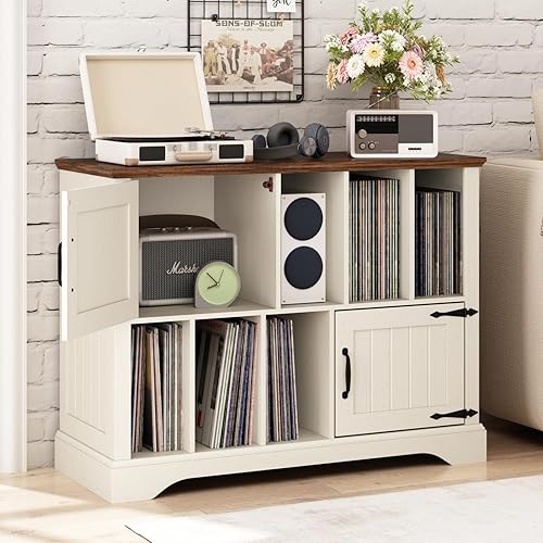 Soporte grande para tocadiscos con almacenamiento de vinilo, soporte giratorio de 39.5 pulgadas, armario de almacenamiento de madera con puertas