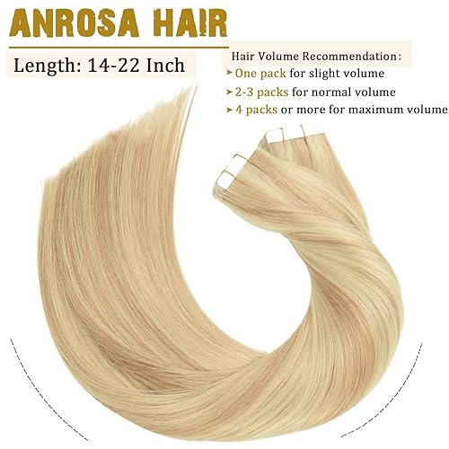 Miniatura 5 de Anrosa Extensiones de cabello humano natural con cinta adhesiva de 18 pulgadas, color mezclado con dos tonos, marrón sucio mezclado a rubio platino