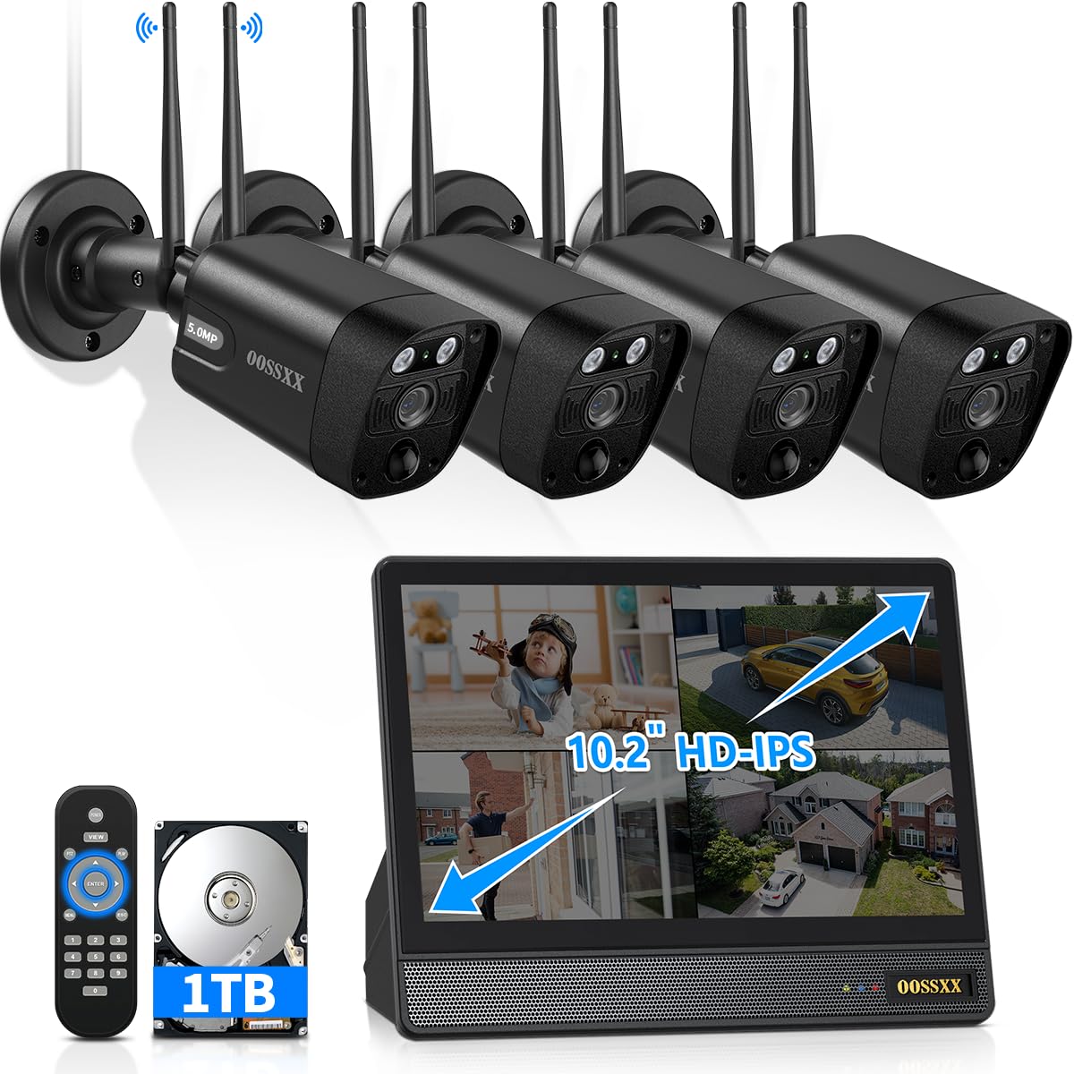 2-Way Audio & PIR Detection Dual Antennas Outdoor Wireless Security Camera System 5.5MP Wi-Fi Video Surveillance DVR Indoor