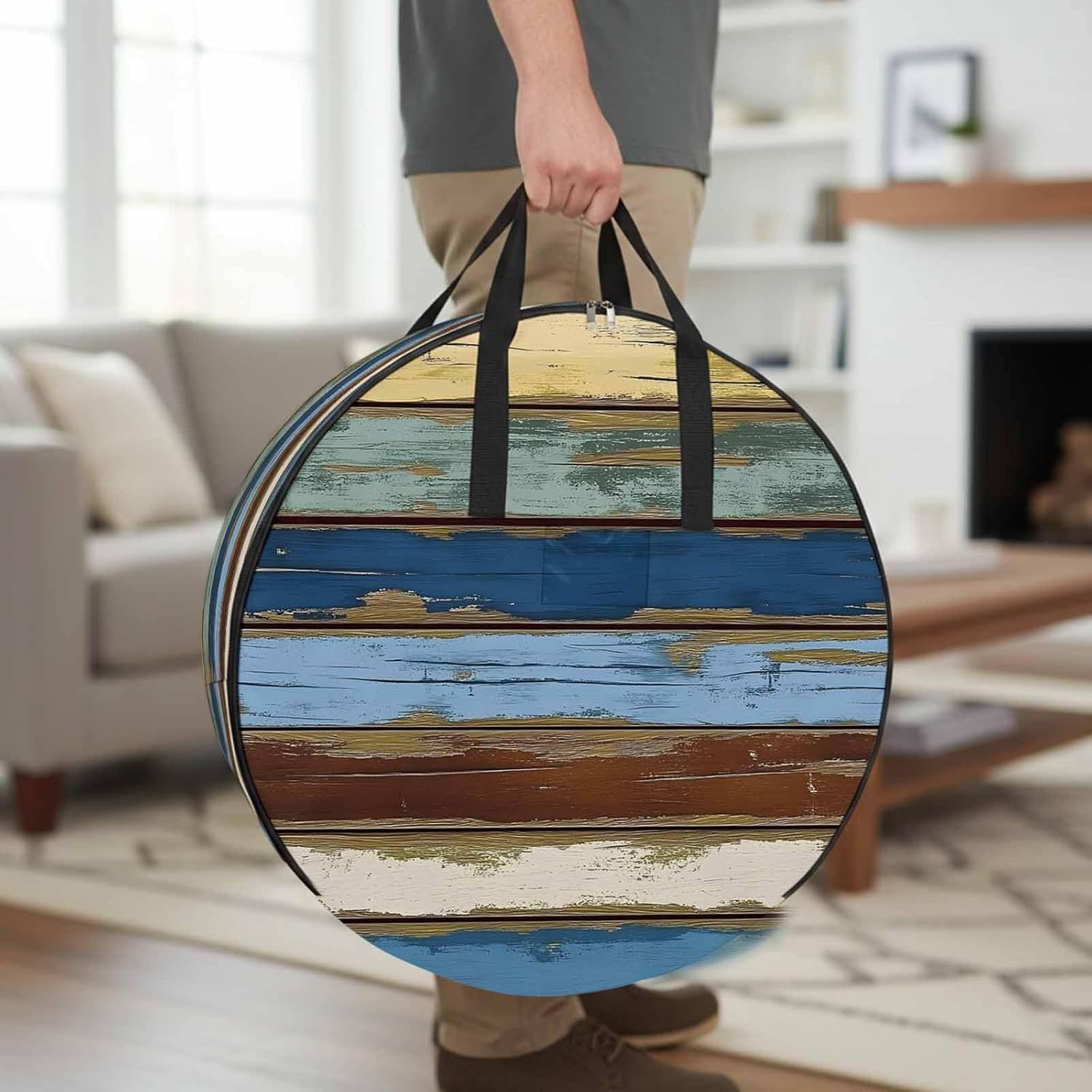 Vintage Round Storage Bag 36 Inch, Farmhouse Blue Brown Wood Grain Country Style Clothes Storage Container with Handles Heavy Duty Organizer for Comforter, Bedding & Holiday Wreaths