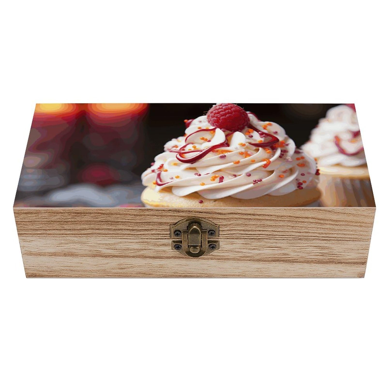 KLOPH Wooden Storage Box Cupcake Dessert Wood Gift Box with Hinged Lid Vintage Decorative Jewelry Boxes Memory Box for Jewelry Art Hobbies Home Storage Treasure Keepsake Gift 7.9''x3.9''x2.3''