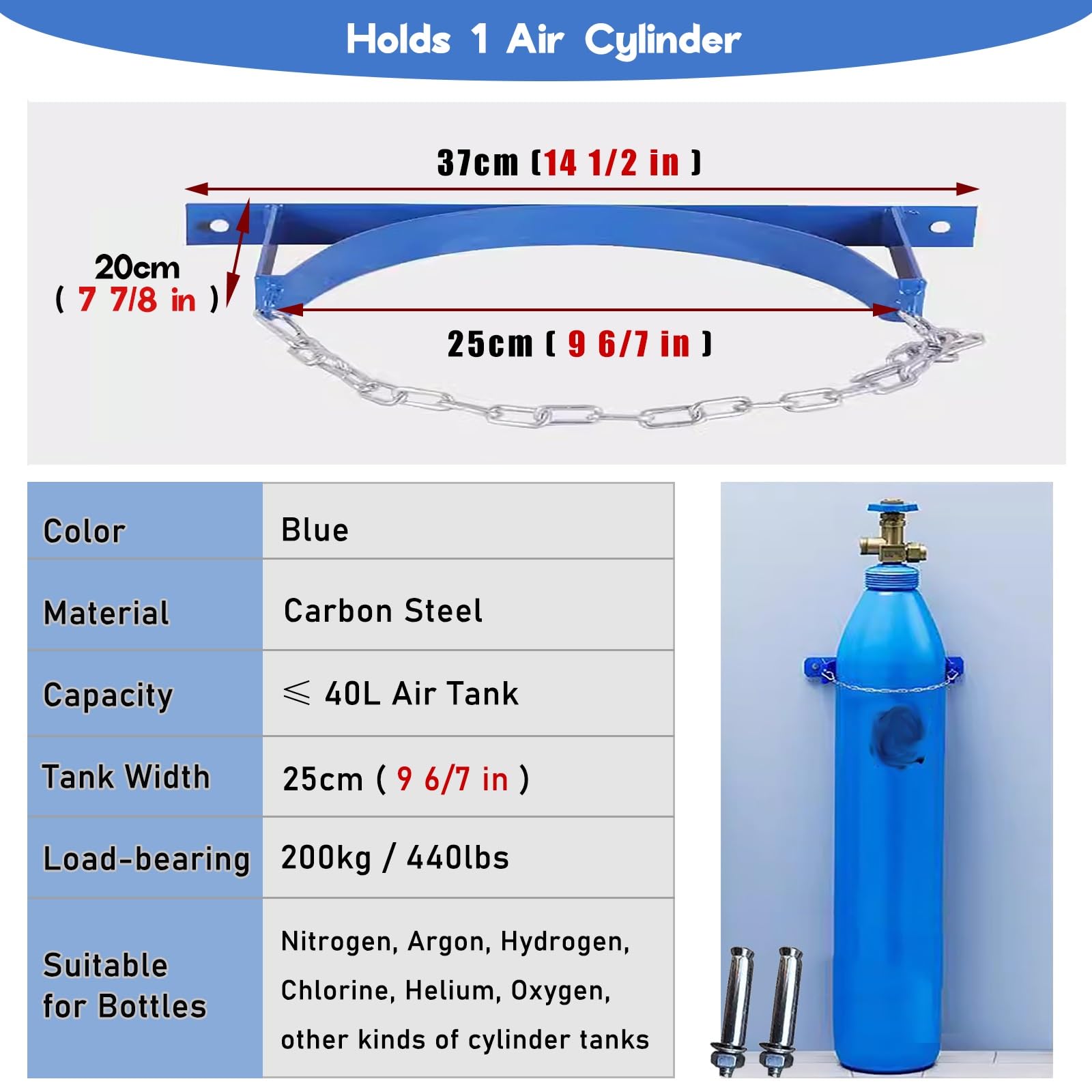 Genérico Soporte de Pared Seguro para bombonas de Gas con Cadena Protectora | Estante de fijación para Tanques de oxígeno para Uso en Laboratorios, hospitales y talleres | Solución de Almacenamiento