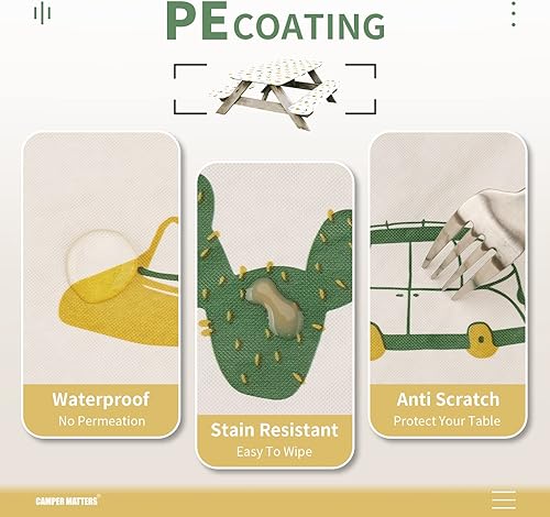 Miniatura 5 de Mantel de mesa de picnic y fundas de banco, funda de mantel ajustable con borde elástico, a prueba de agua y aceite, para exteriores, jardín,