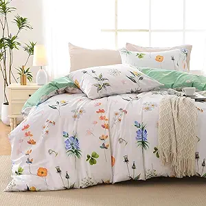 MUXHOMO Duvet Cover Queen Size, Reversible Floral Multicolor Duvet Cover Set with Zipper Closure, 3 Pieces Botanical Patterns Soft Microfiber Bedding Set with 4 Ties (90"x90", 2 Pillow Cases)