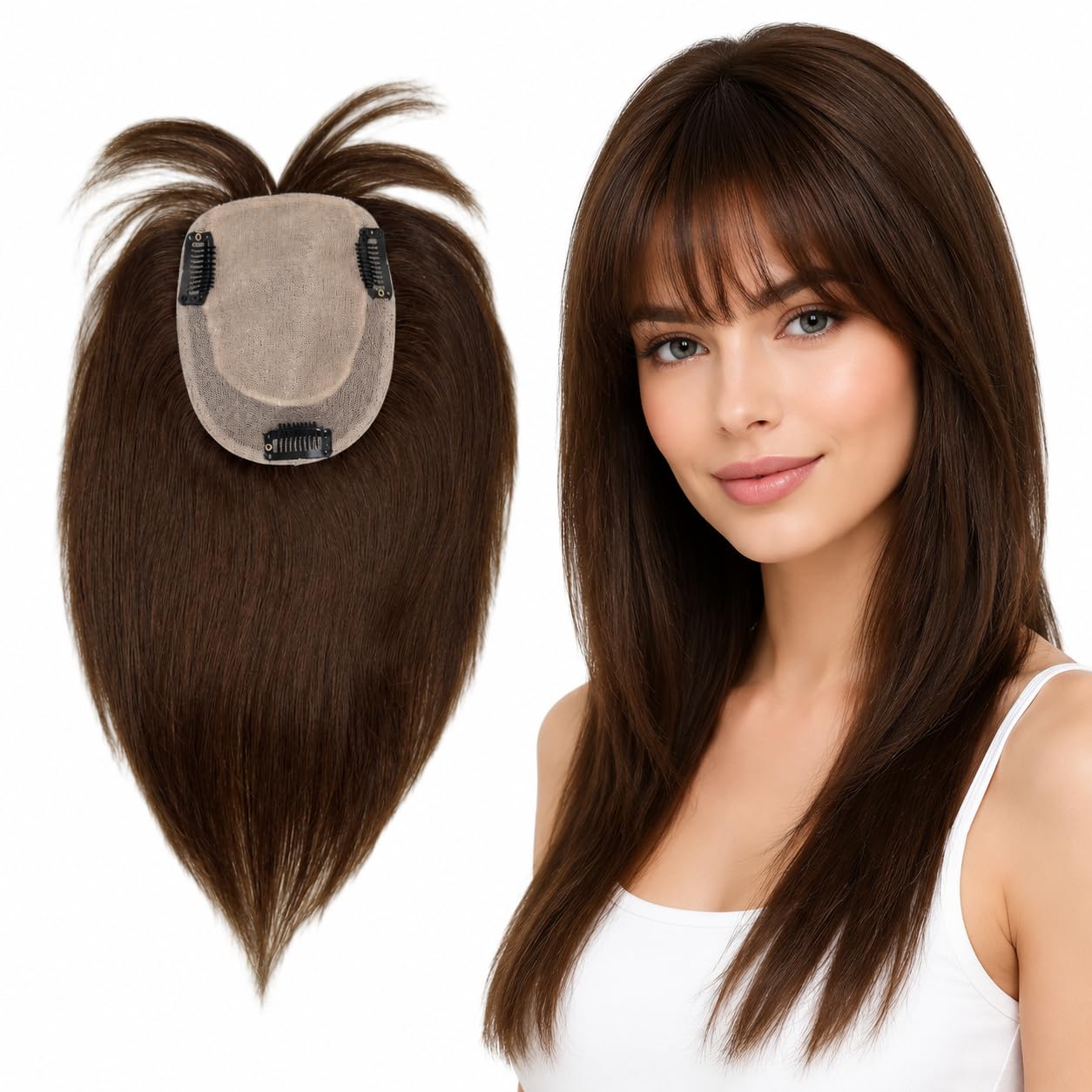 Anemone Human Hair Topper with French Bangs 613 Blonde Silk Lace Base Wiglet for Thinning Hair 130% Density 12×13cm Wide Coverage 3 Clips Straight Remy Hairpiece for Women (613 Blonde, 12inch)
